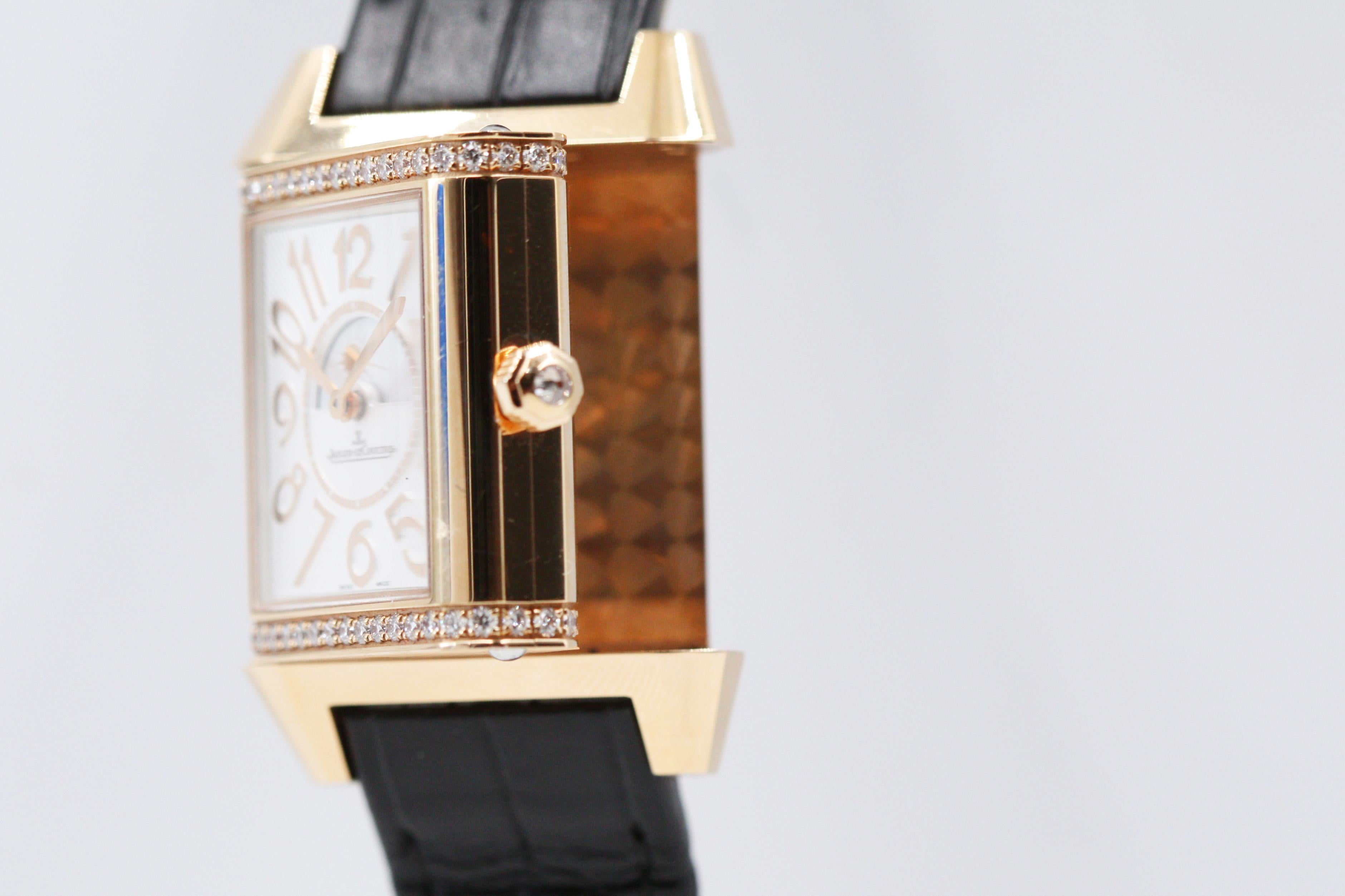 Jaeger-LeCoultre Reverso Squadra Lady Duetto versilberte Guilloche/Schwarze Zifferblattuhr mit schwarzem Zifferblatt im Angebot 1