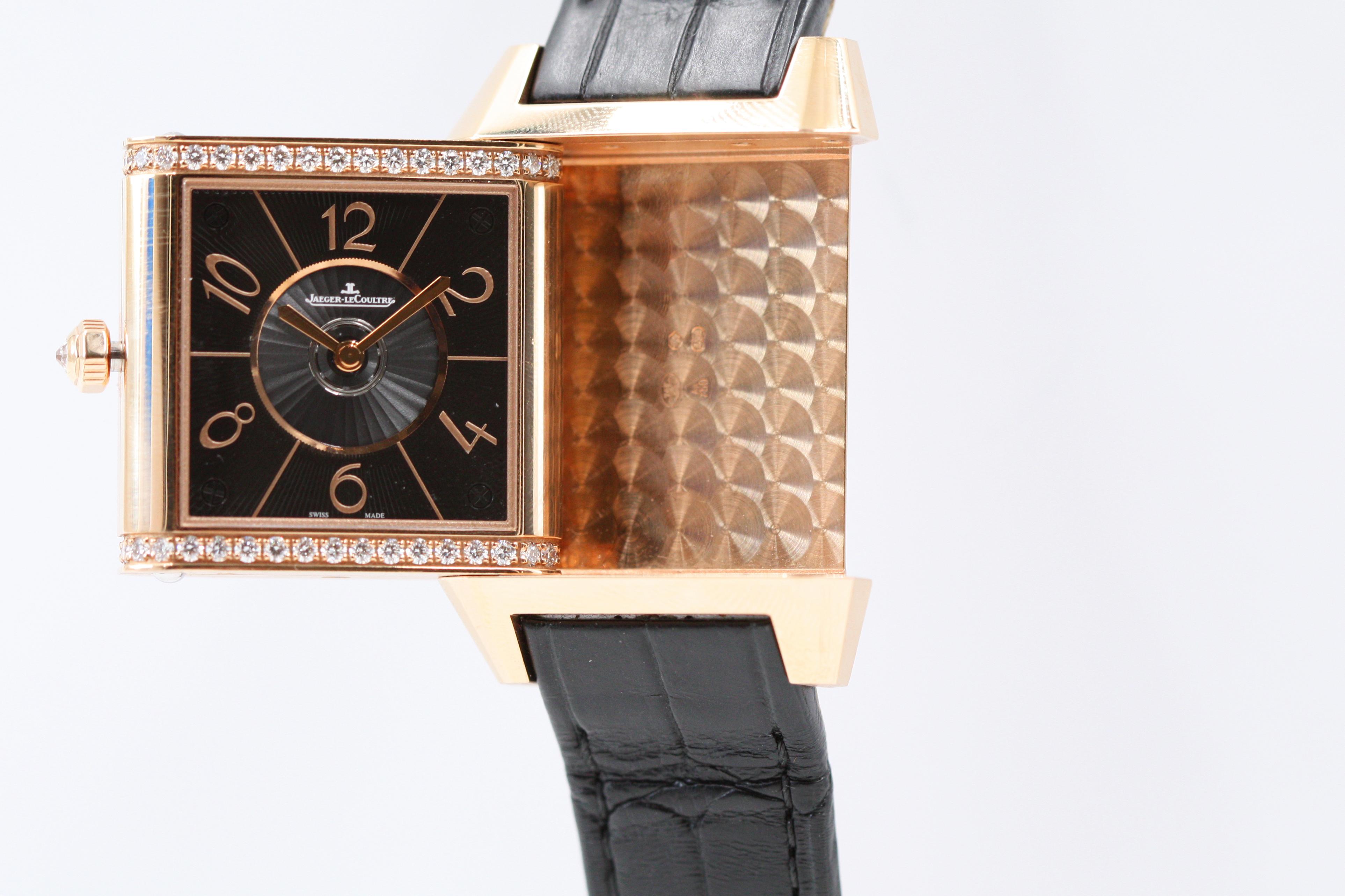 Jaeger-LeCoultre Reverso Squadra Lady Duetto versilberte Guilloche/Schwarze Zifferblattuhr mit schwarzem Zifferblatt im Angebot 2