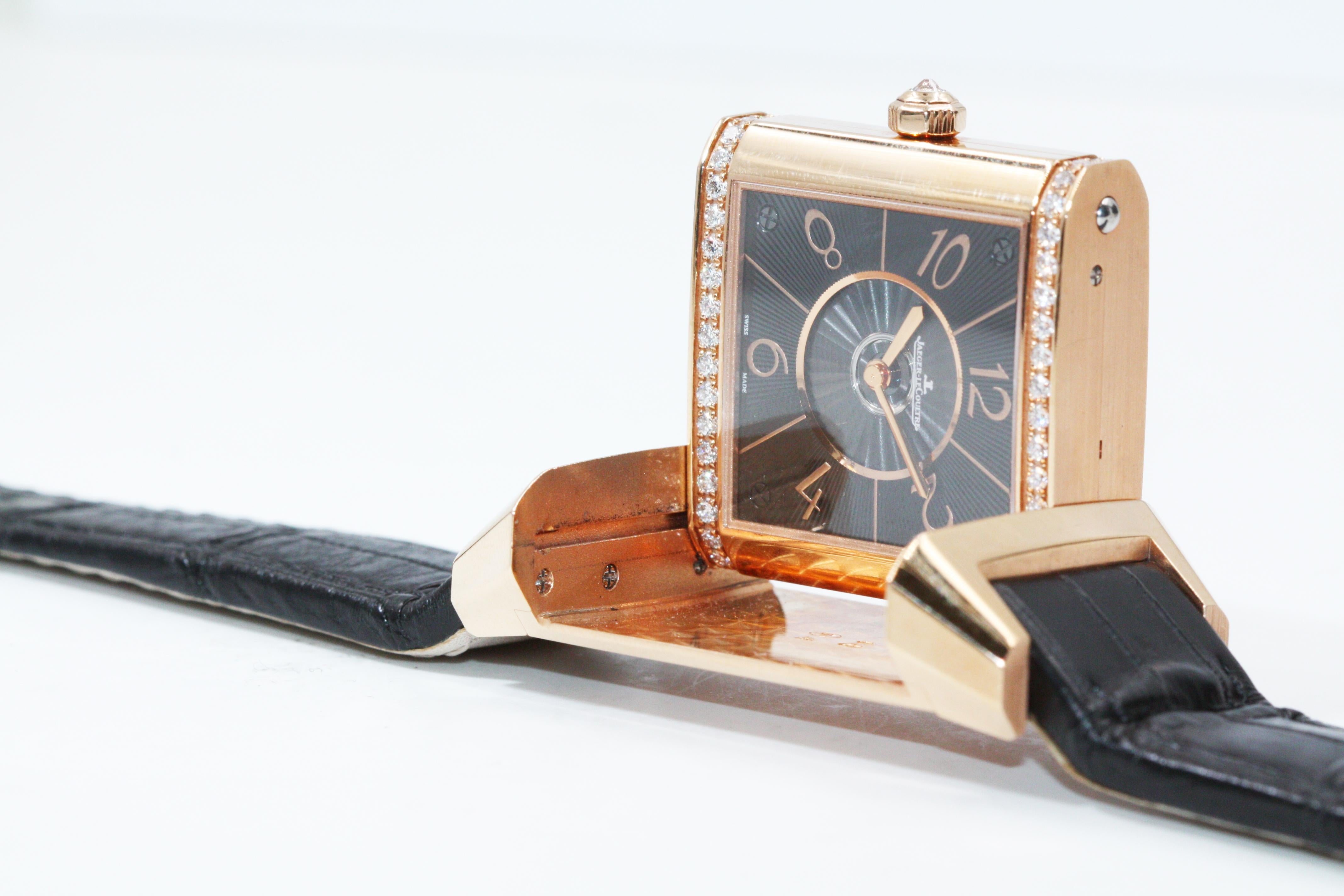 Jaeger-LeCoultre Reverso Squadra Lady Duetto versilberte Guilloche/Schwarze Zifferblattuhr mit schwarzem Zifferblatt im Angebot 3