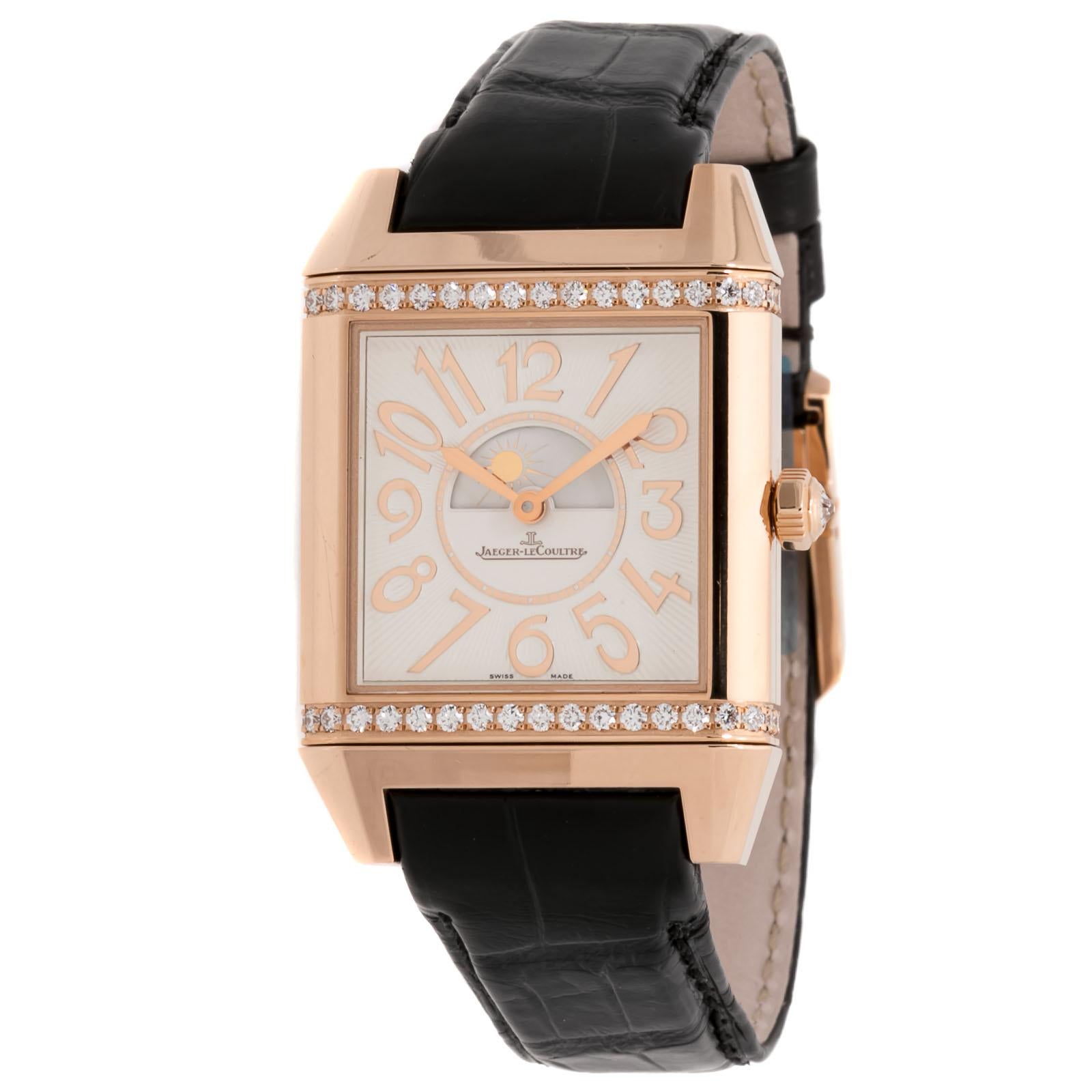 Jaeger-LeCoultre Reverso Squadra Lady Duetto Silvered Guilloche/Black Dial Watch For Sale
