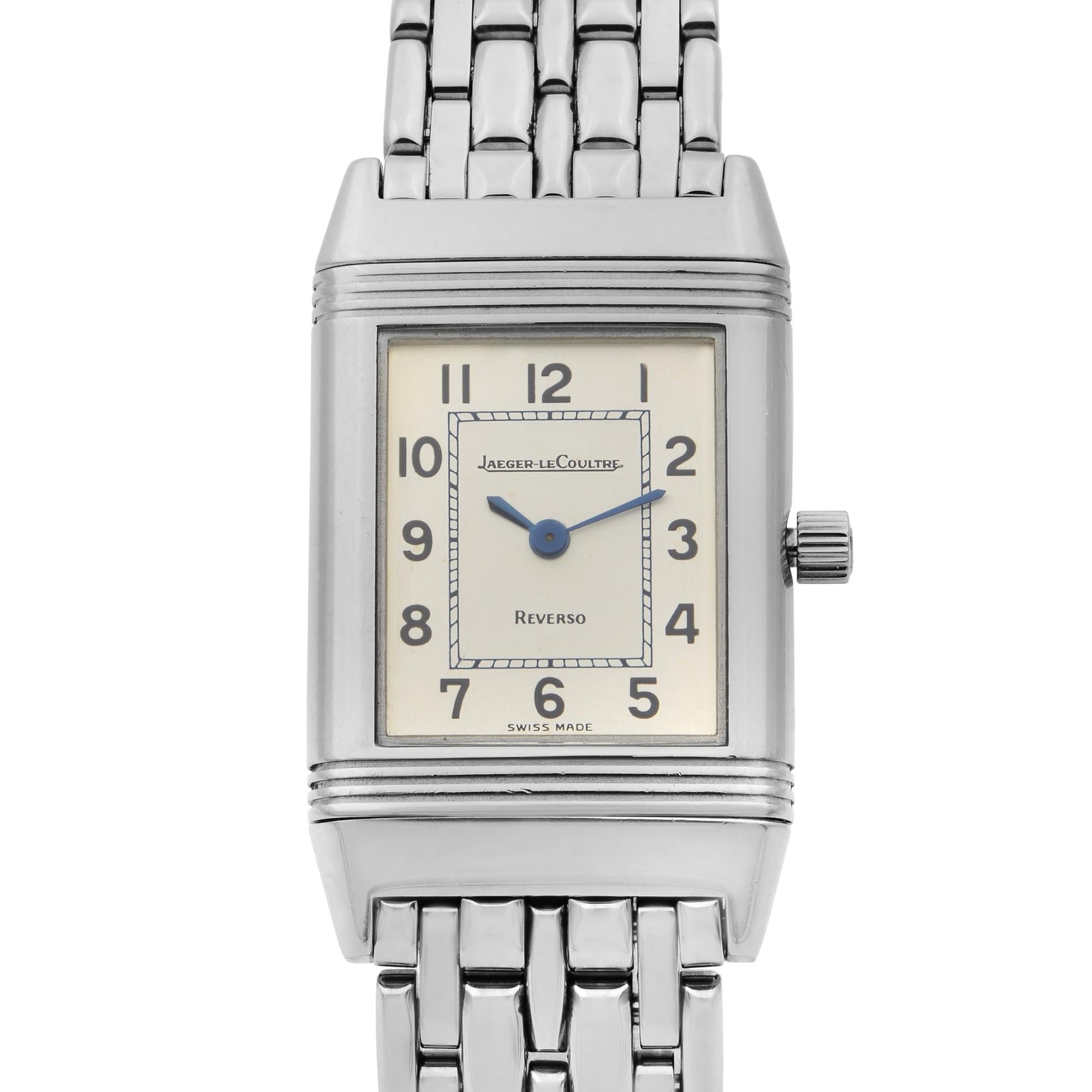 This pre-owned Jaeger-LeCoultre Reverso 260.8.08 is a beautiful men's timepiece that is powered by quartz (battery) movement which is cased in a stainless steel case. It has a round shape face, no features dial, and has hand arabic numerals style