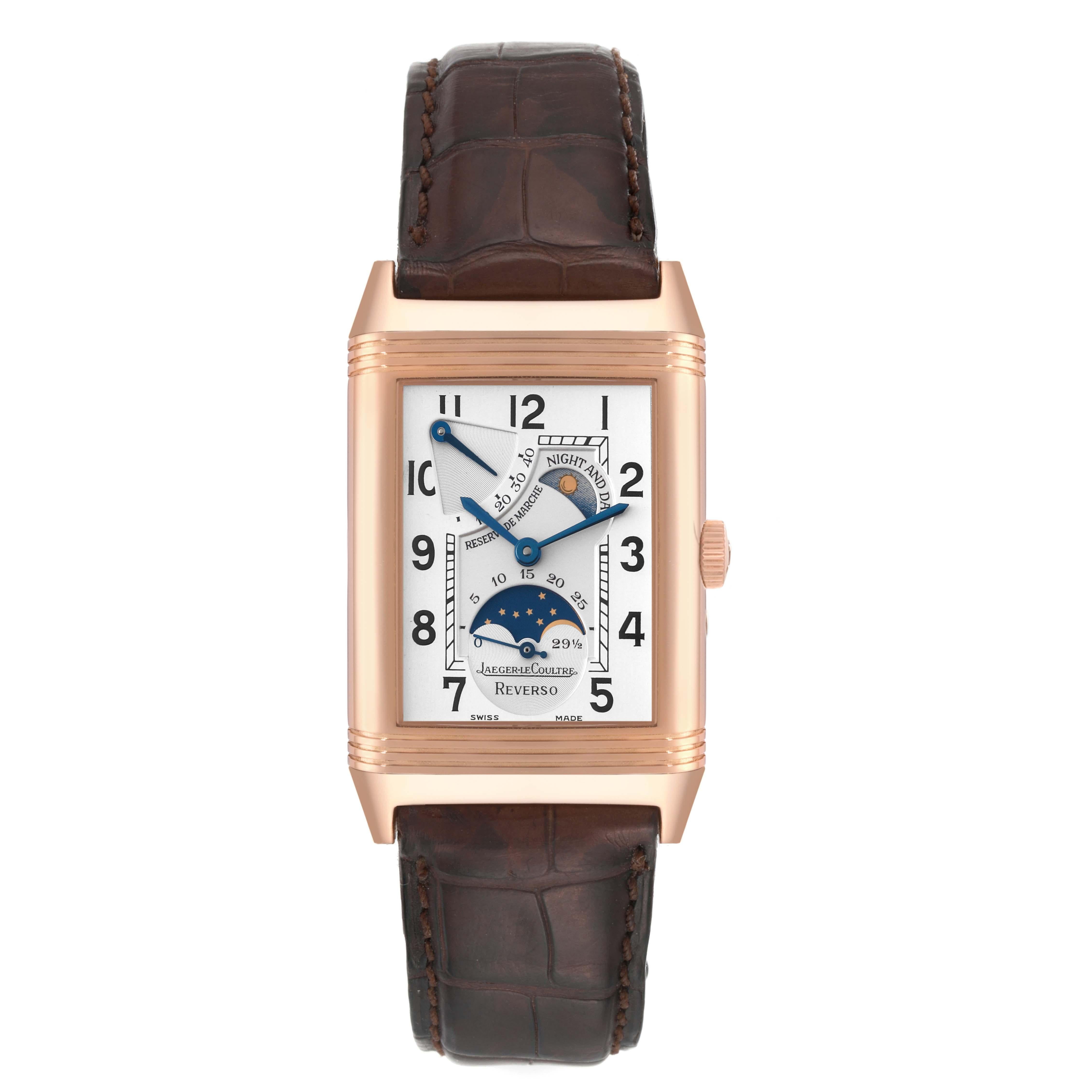Jaeger LeCoultre Reverso Sun Moon Rose Gold Mens Watch 270.2.63 Box Papers. Manual winding movement. 18K rose gold 42.2 x 26.1 mm case rectangular rotating case. Exhibition case back. 18K rose gold ribbed bezel. Scratch resistant sapphire crystal.