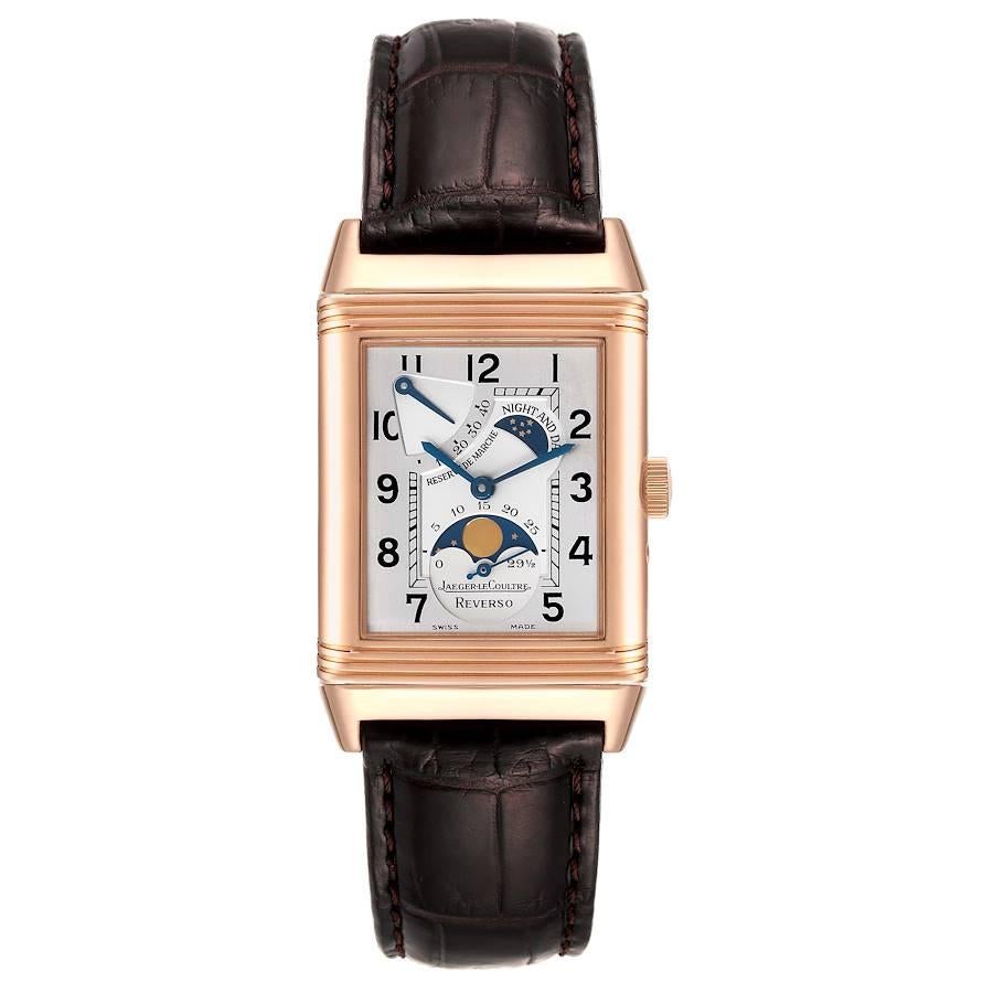 Jaeger LeCoultre Reverso Sun Moon Rose Gold Mens Watch 270.2.63 Q2752420. Manual winding movement. 18K rose gold 42.2 x 26.1 mm case rectangular rotating case. Exhibition case back. 18K rose gold ribbed bezel. Scratch resistant sapphire crystal.