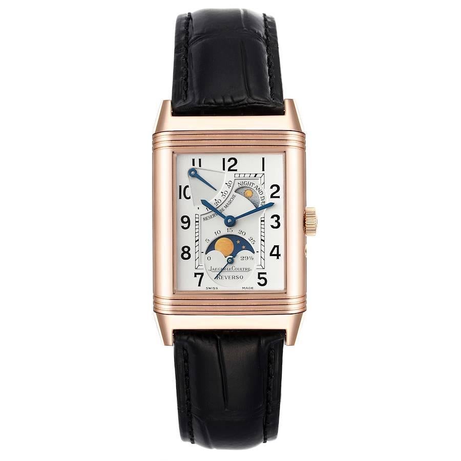 Jaeger LeCoultre Reverso Sun Moon Rose Gold Mens Watch 270.2.63 Q2752420. Manual winding movement. 18K rose gold 42.2 x 26.1 mm case rectangular rotating case. Exhibition case back. 18K rose gold ribbed bezel. Scratch resistant sapphire crystal.