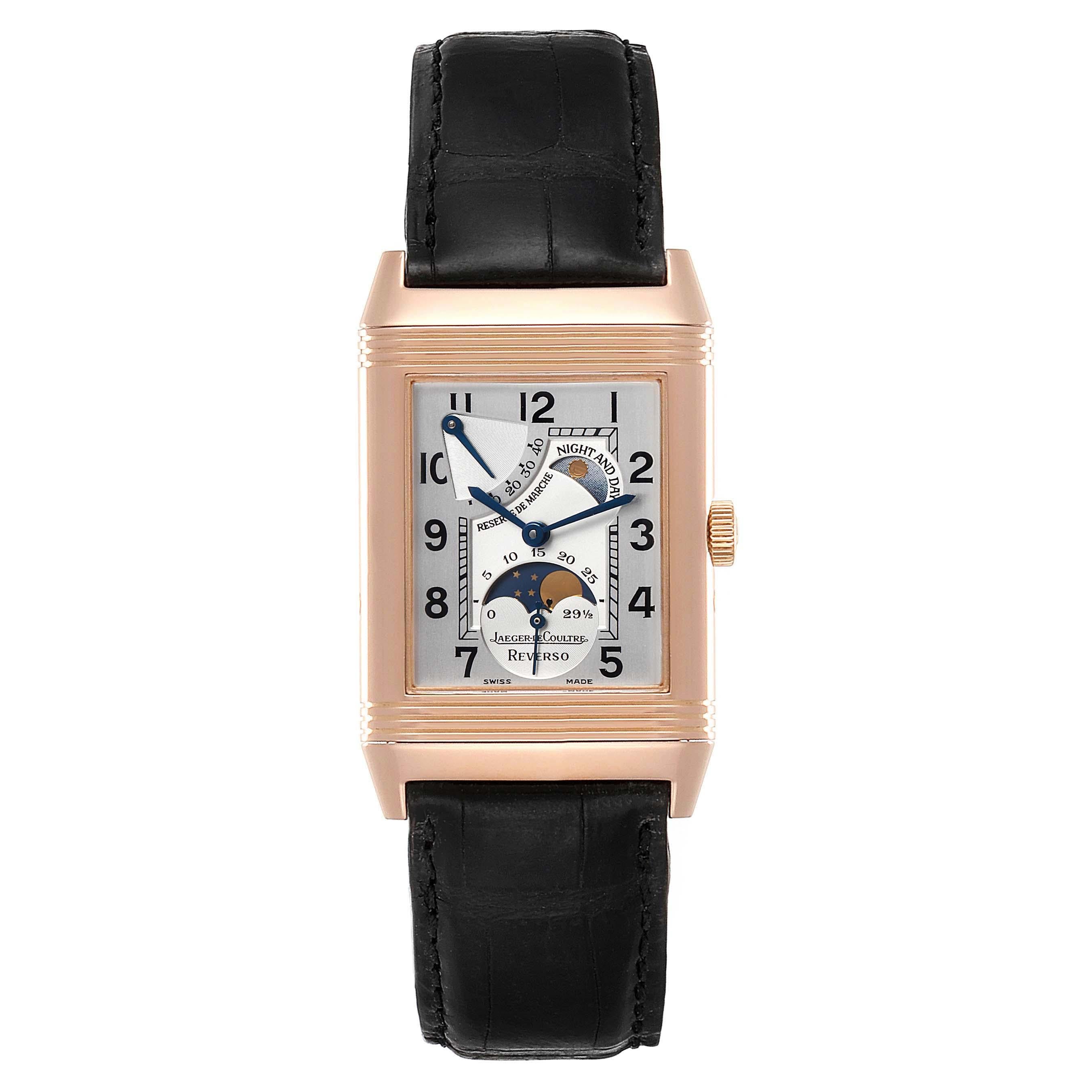 Jaeger LeCoultre Reverso Sun Moon Rose Gold Watch 270.2.63 Q3042420. Manual winding movement. 18K rose gold 42.2 x 26.1 mm case rectangular rotating case. Exhibition case back. 18K rose gold ribbed bezel. Scratch resistant sapphire crystal. Silver