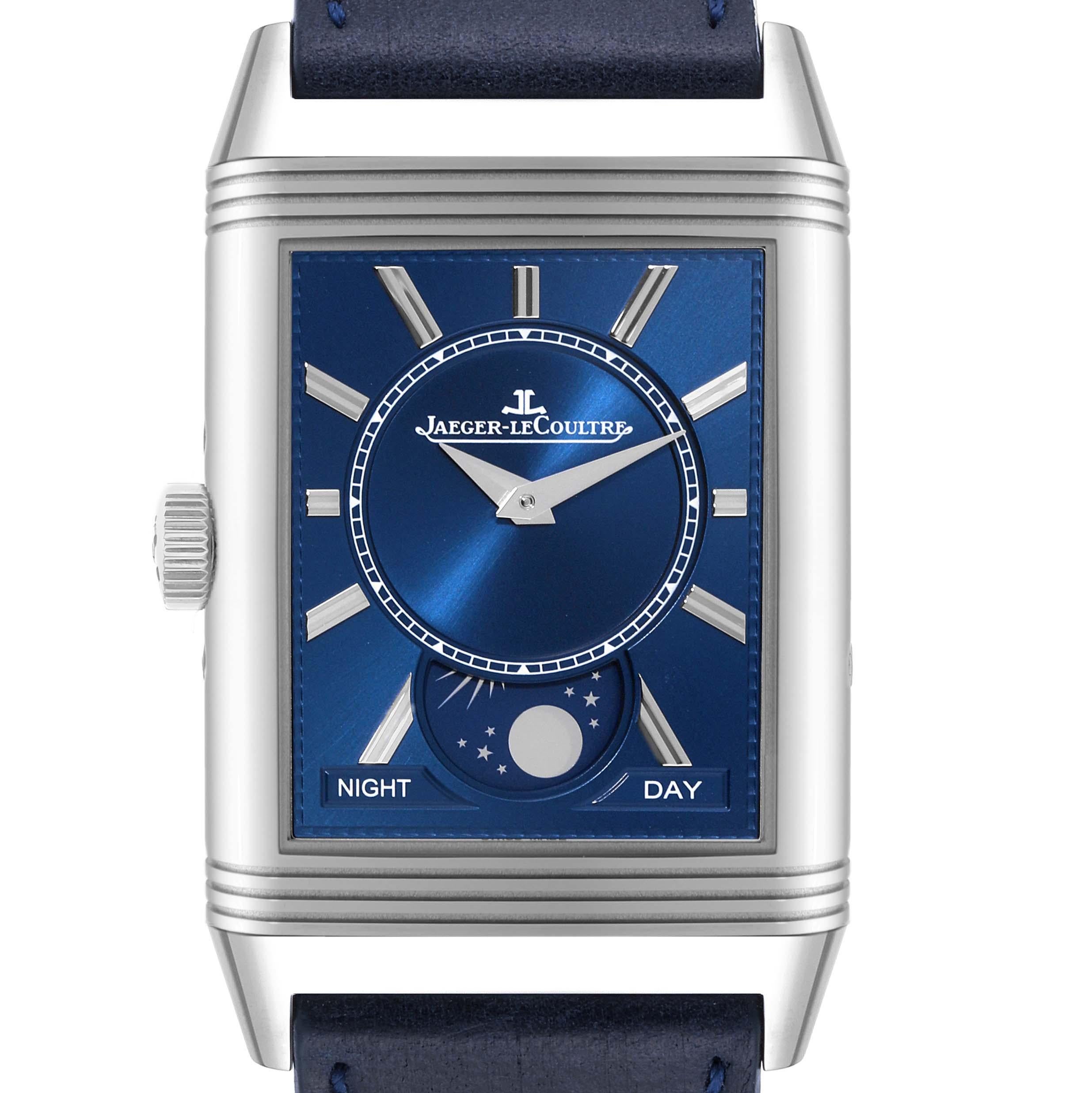Jaeger LeCoultre Reverso Tribute Duoface Calendar Steel Mens Watch Q3918420 Box Card. Manual-winding movement. Rhodium plated with engine turned embellishment, 19 jewels, 223 components, a single barrel, mechanism oscillates at a frequency of 21,600