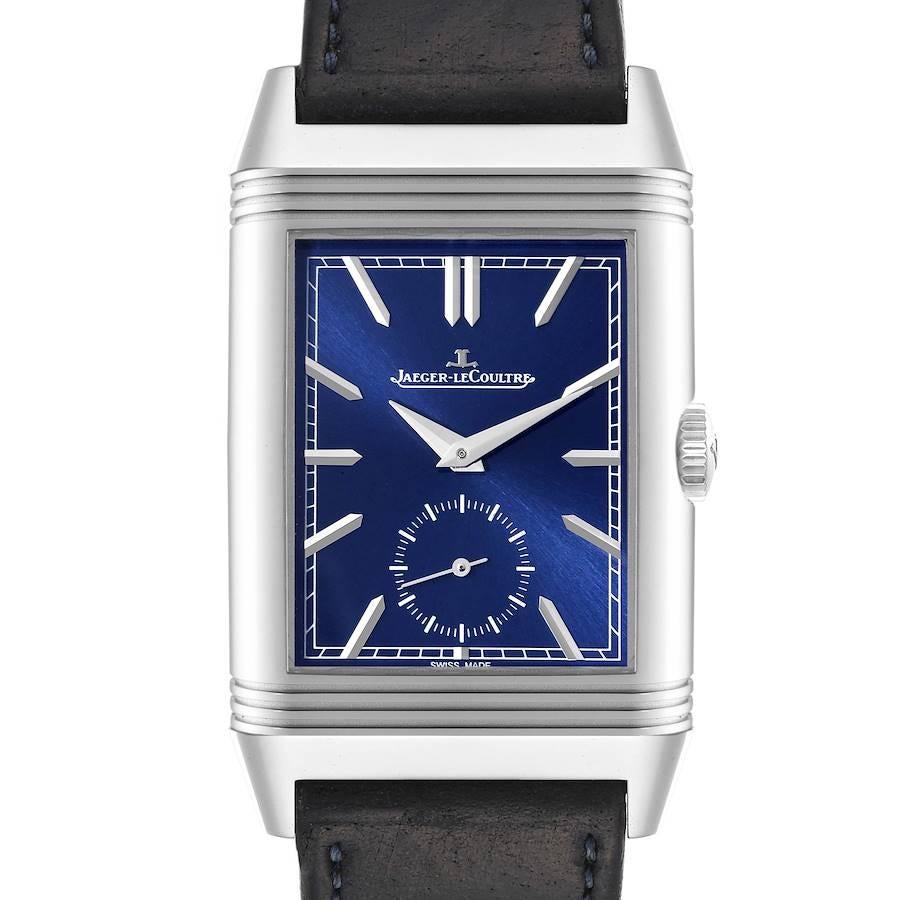 Jaeger LeCoultre Reverso Tribute Duoface Day Night Mens Watch 215.8.D4 Q3988482. Manual winding movement. Stainless steel five-body 47 mm x 28.3 mm rectangular rotating case. Stainless steel reeded bezel. Scratch resistant sapphire crystal. (1) Blue