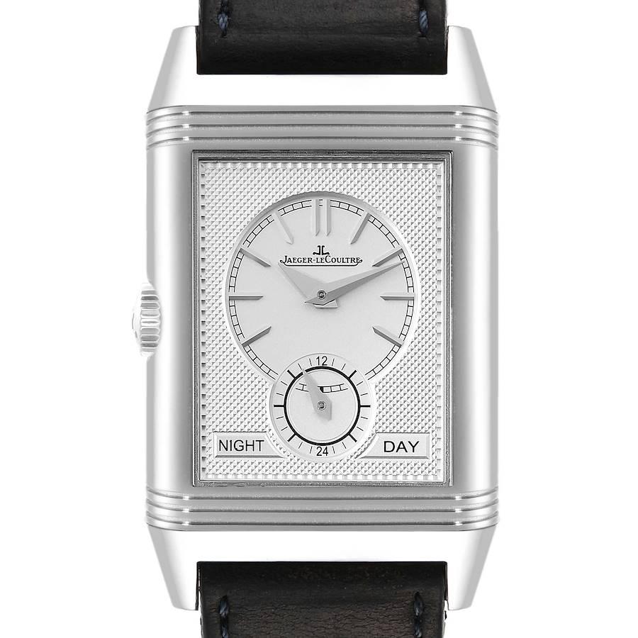 Jaeger-LeCoultre Reverso Tribute Duoface Tag Nacht Uhr 215.8.D4 Q3988482 Box Papiere. Uhrwerk mit Handaufzug. Rechteckiges, drehbares Gehäuse aus Edelstahl mit fünf Gehäusen, 47 mm x 28,3 mm. Riffelblechlünette aus Edelstahl. Kratzfestes Saphirglas.