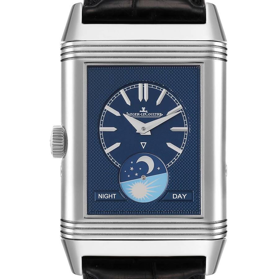 Jaeger LeCoultre Reverso Tribute Duoface Mens Watch 216.8.D3 Q3958420. Manual-winding movement. Rhodium plated with engine turned embellishment, 19 jewels, 223 components, a single barrel, blued screws, shock absorber system, straight-line lever