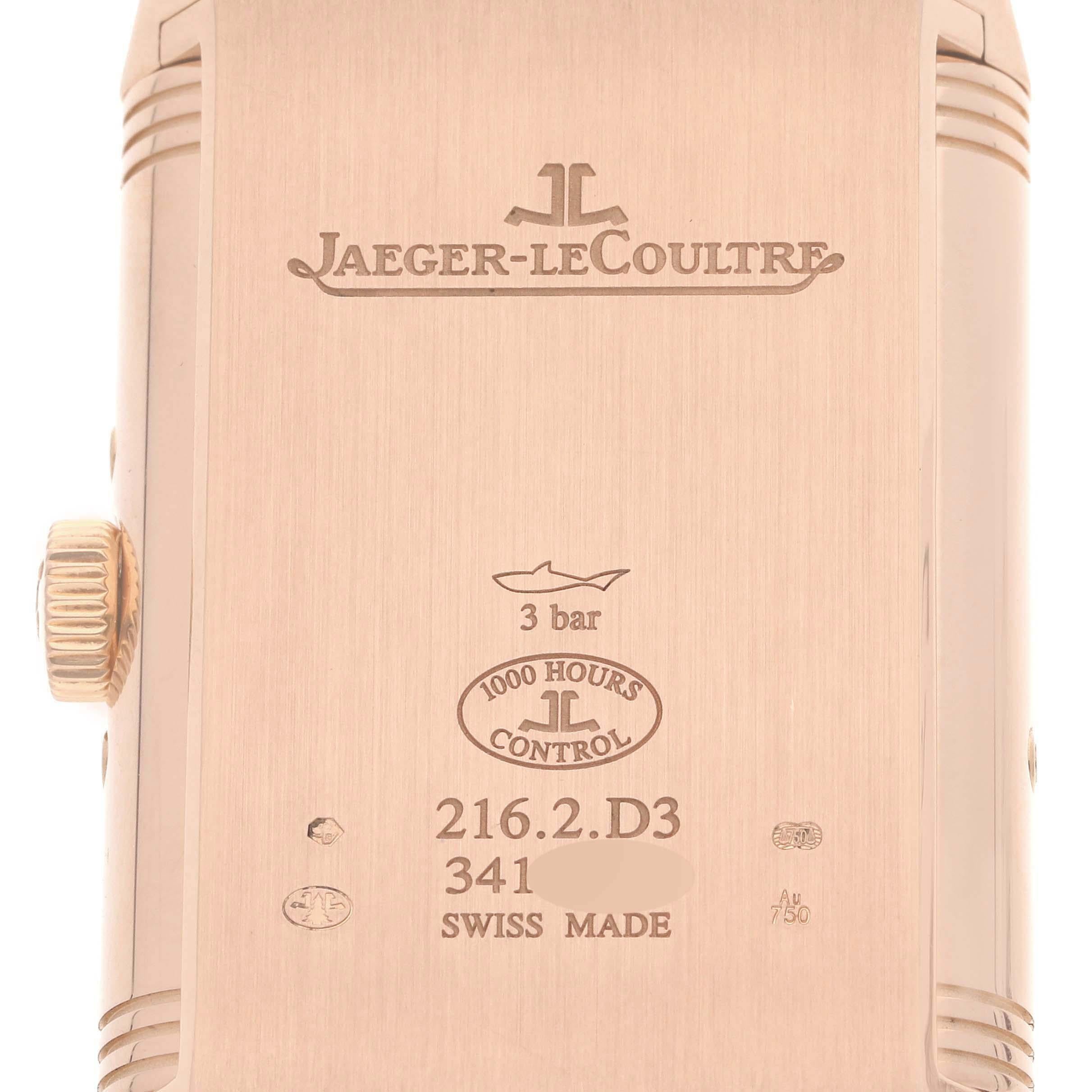 Jaeger LeCoultre Reverso Tribute Duoface Rose Gold Mens Watch 216.2.D3 Q3912420 Card. Manual-winding movement. Rhodium plated with engine turned embellishment, 19 jewels, 223 components, a single barrel, blued screws, shock absorber system,