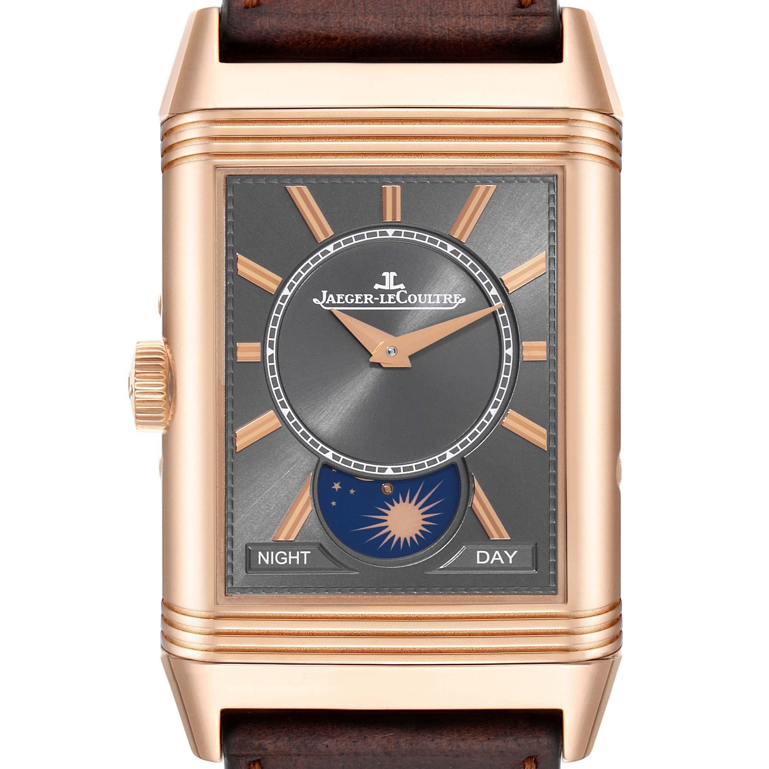 Jaeger LeCoultre Reverso Tribute Duoface Rose Gold Mens Watch 216.2.D3 Q3912530. Manual-winding movement. Rhodium plated with engine turned embellishment, 19 jewels, 223 components, a single barrel, mechanism oscillates at a frequency of 21,600 vph.