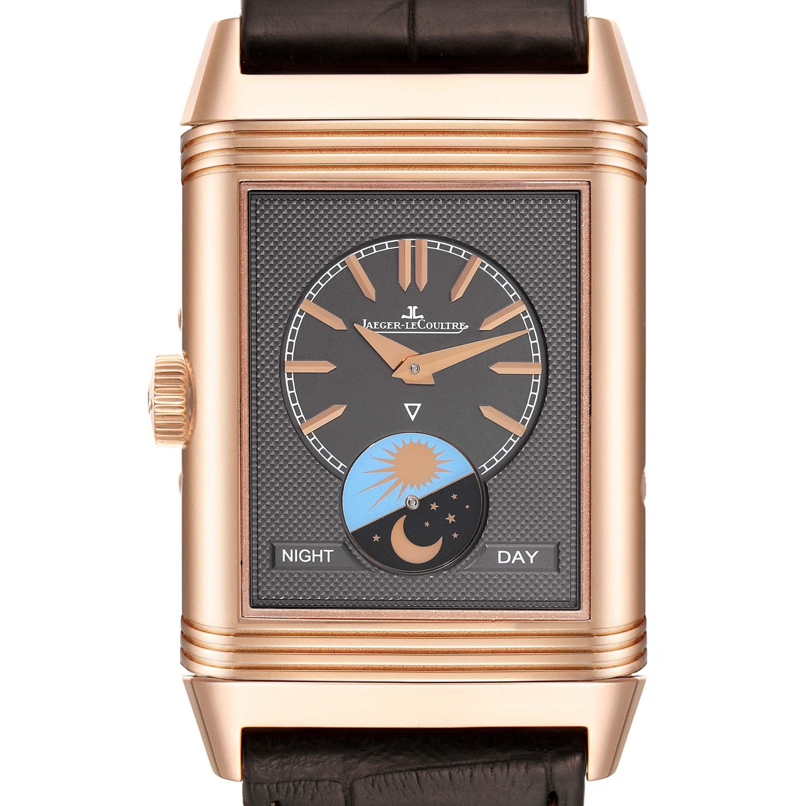 Jaeger LeCoultre Reverso Tribute Duoface Rose Gold Mens Watch Q3912420 Box Card. Manual-winding movement. Rhodium plated with engine turned embellishment, 19 jewels, 223 components, a single barrel, blued screws, shock absorber system, straight-line