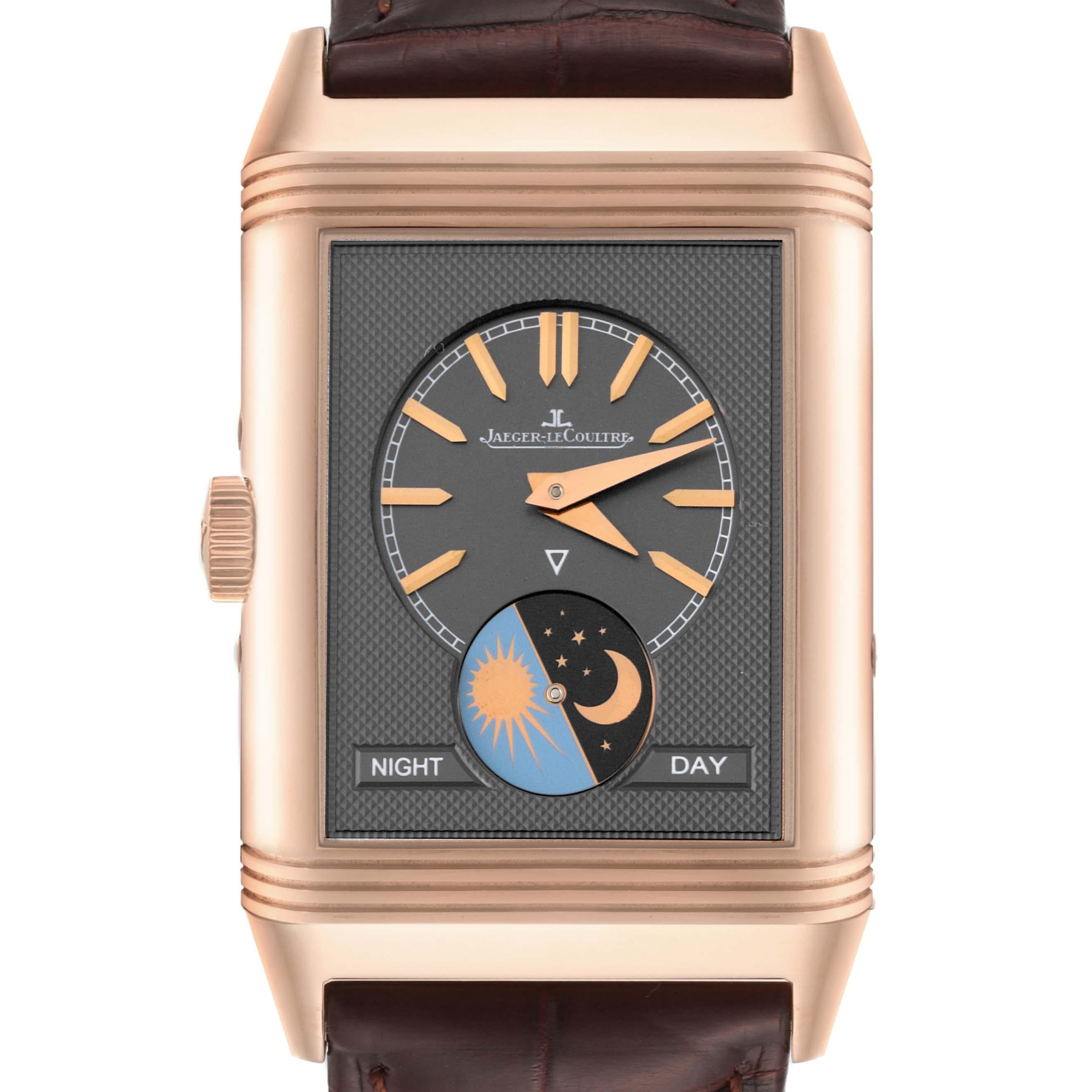 Jaeger LeCoultre Reverso Tribute Duoface Rose Gold Mens Watch Q3912420 Card. Manual-winding movement. Rhodium plated with engine turned embellishment, 19 jewels, 223 components, a single barrel, blued screws, shock absorber system, straight-line