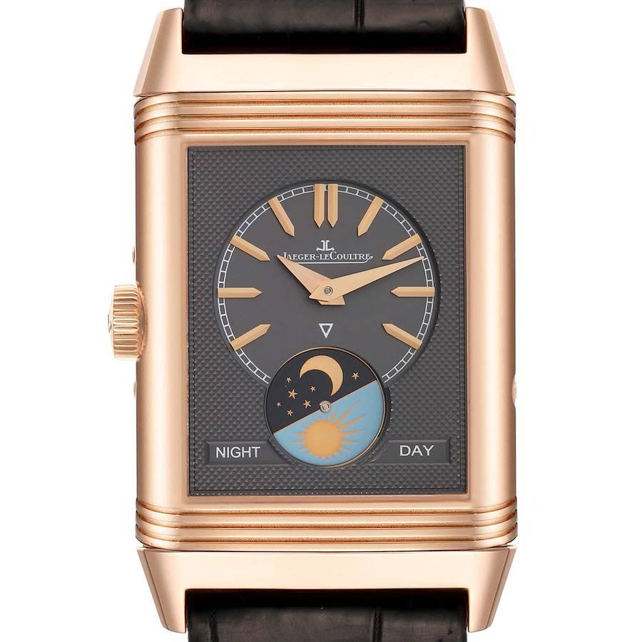 Jaeger LeCoultre Reverso Tribute Duoface Rose Gold Watch Q3912420 Box Papers. Manual-winding movement. Rhodium plated with engine turned embellishment, 19 jewels, 223 components, a single barrel, blued screws, shock absorber system, straight-line