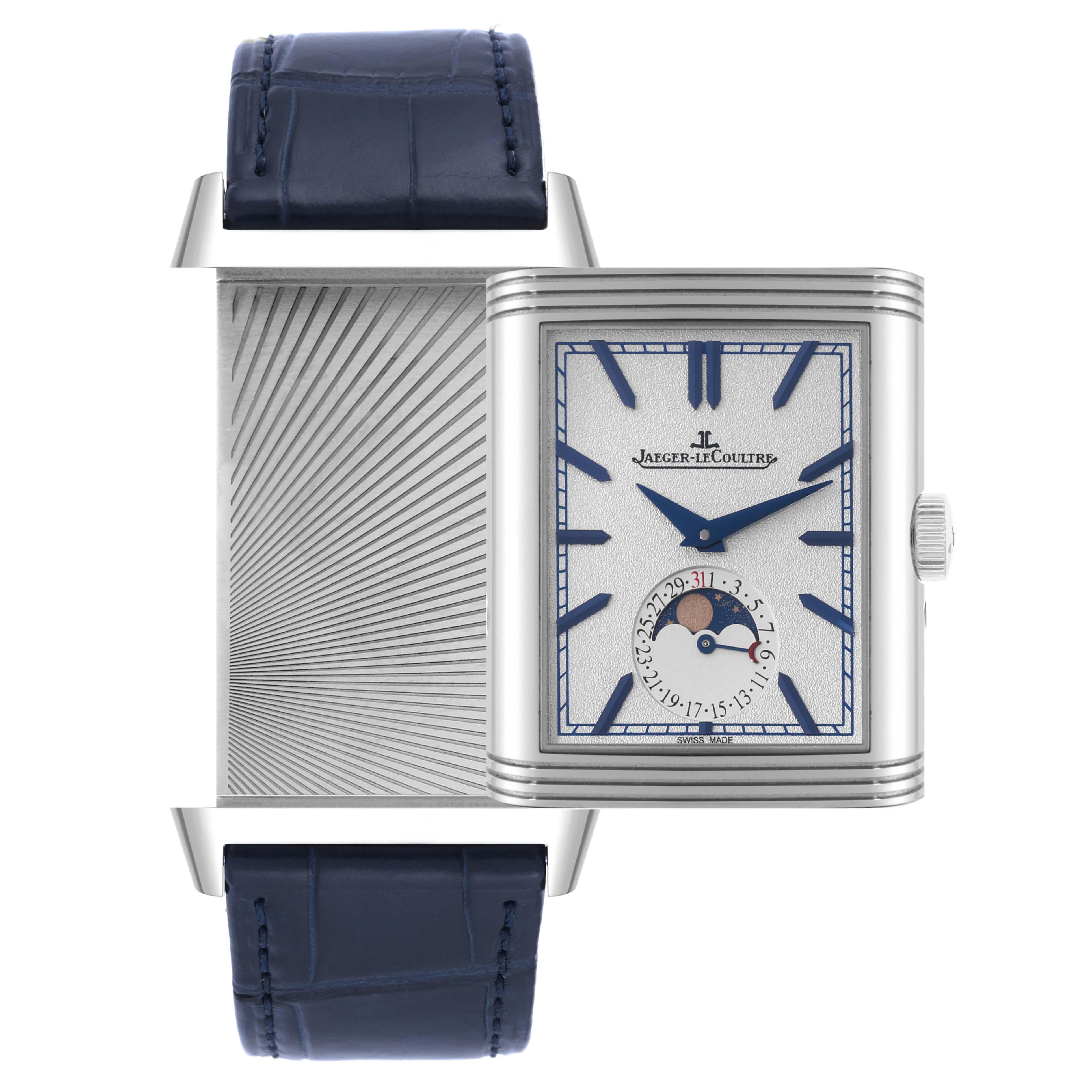 Jaeger LeCoultre Reverso Tribute Duoface Steel Watch 216.8.D3 Q3958420 Box Card For Sale 7