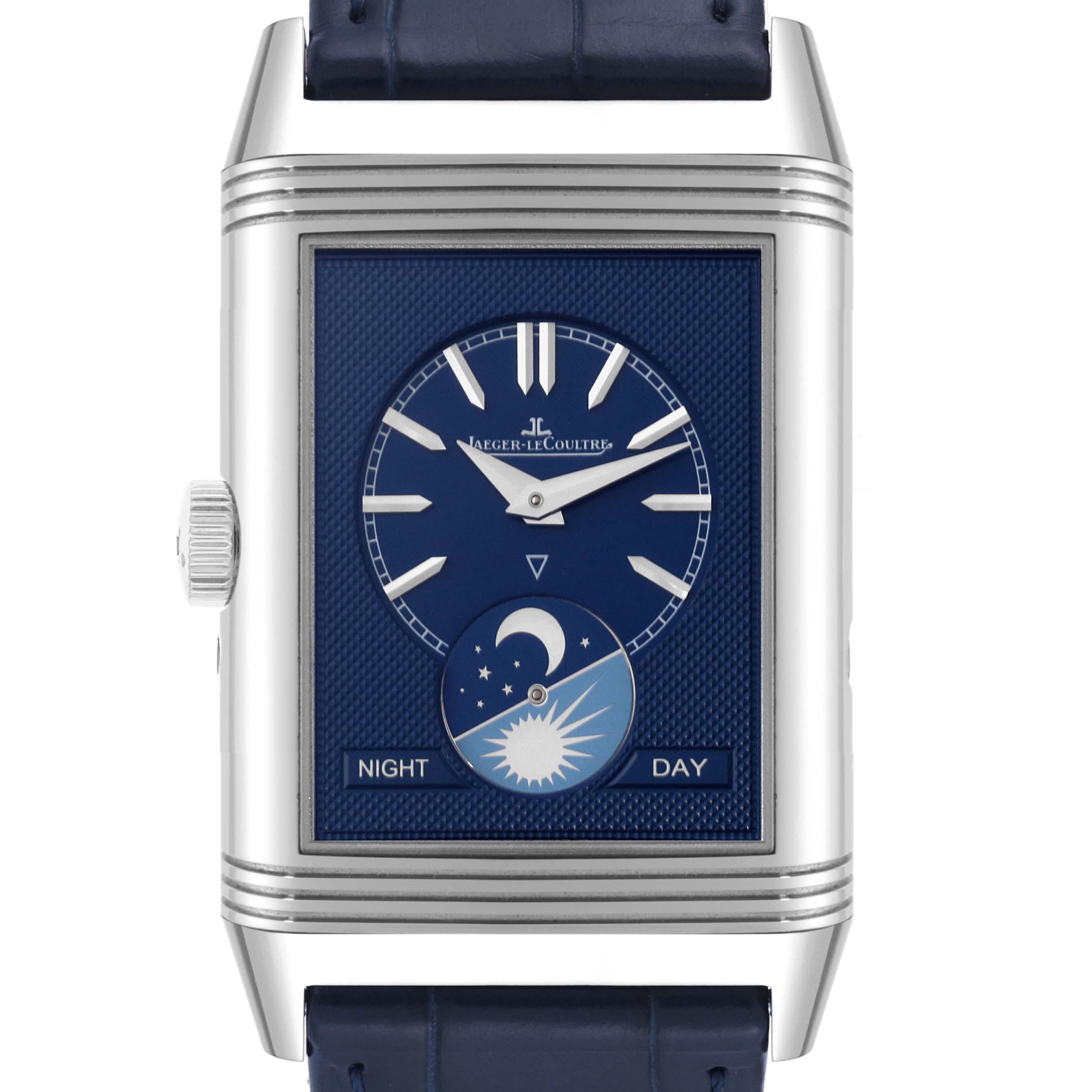 Jaeger-LeCoultre Reverso Tribute Duoface Stahl Herrenuhr 216.8.D3 Q3958420 Box Karte. Uhrwerk mit Handaufzug. Rhodiniert mit gedrehten Verzierungen, 19 Steine, 223 Komponenten, ein einziges Federhaus, gebläute Schrauben, Stoßdämpfer, geradlinige