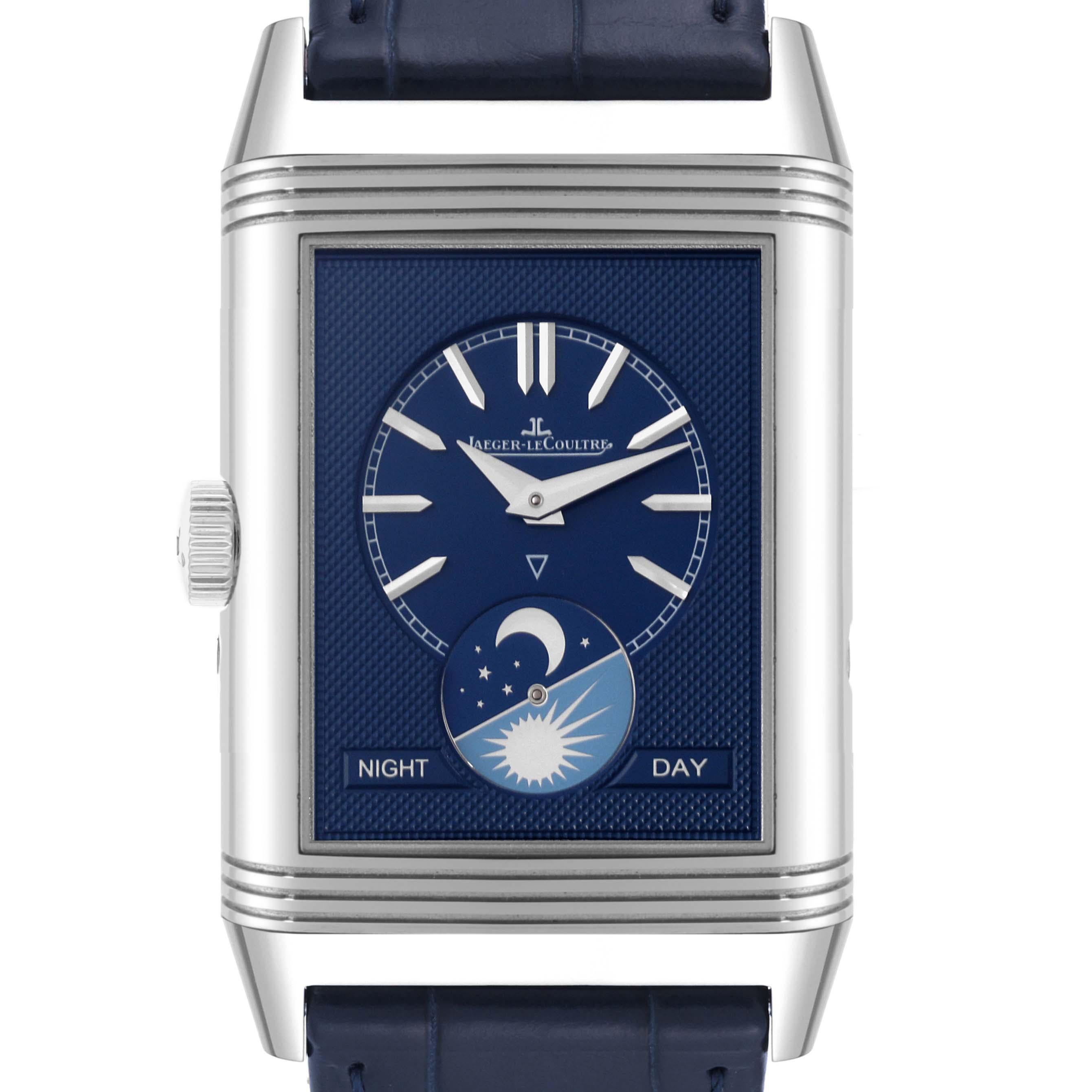 Jaeger LeCoultre Reverso Tribute Duoface Steel Mens Watch 216.8.D3 Q3958420 Box Card. Manual-winding movement. Rhodium plated with engine turned embellishment, 19 jewels, 223 components, a single barrel, blued screws, shock absorber system,