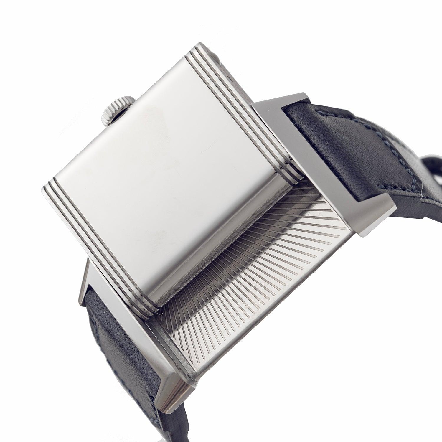 Pre-owned Jaeger-LeCoultre Reverso Tribute Monoface Small Seconds wristwatch (ref. Q397848J) featuring a mechanical manual-winding movement; blue sunray-brushed dial; small seconds subdial at 6 o'clock; and 45.6 x 27.4mm, stainless steel case on a