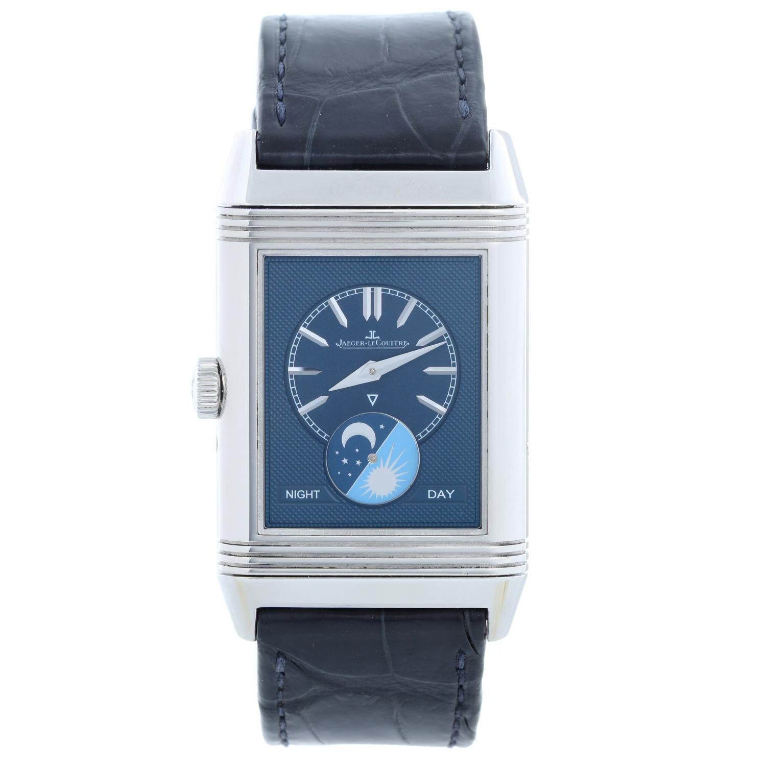 Jaeger LeCoultre Reverso Tribute Moon Duo Q3958420 Stainless Steel watch - Manual winding. Stainless steel case ( 29mm x 49mm ). Silver dial with stick hour markers  and subdial at 6 o'clock; Blue dial with stick hour marker and moon subdial at 6