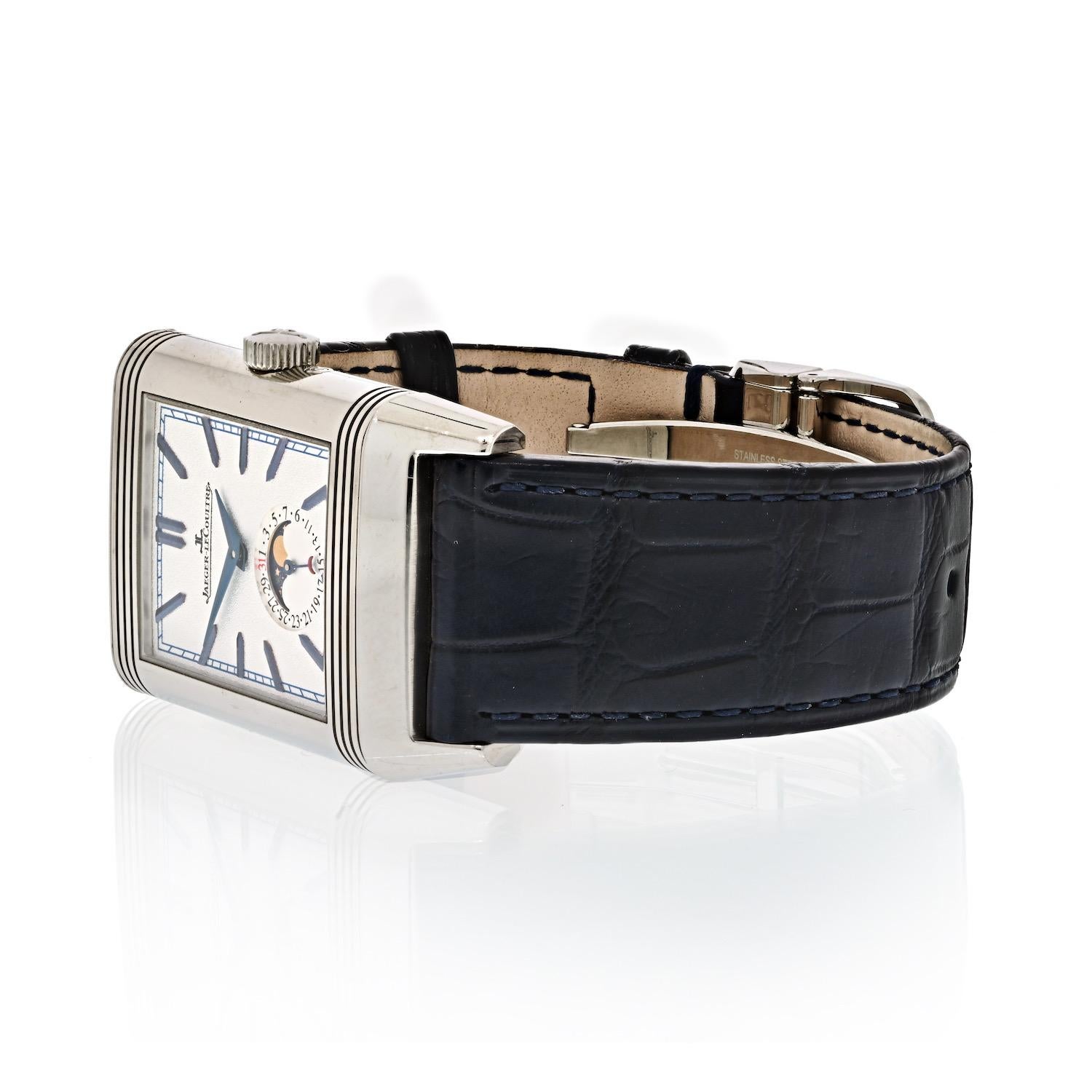 JAEGER-LECOULTRE Reverso Tribute Moon Manual-winding Silver Dial Men's Watch.
Another top collection from Jaeger LeCoultre, its Reverso Tribute Moon (as is in the name) pays homage to the moon cycle and all that it nature. The hour hands are a