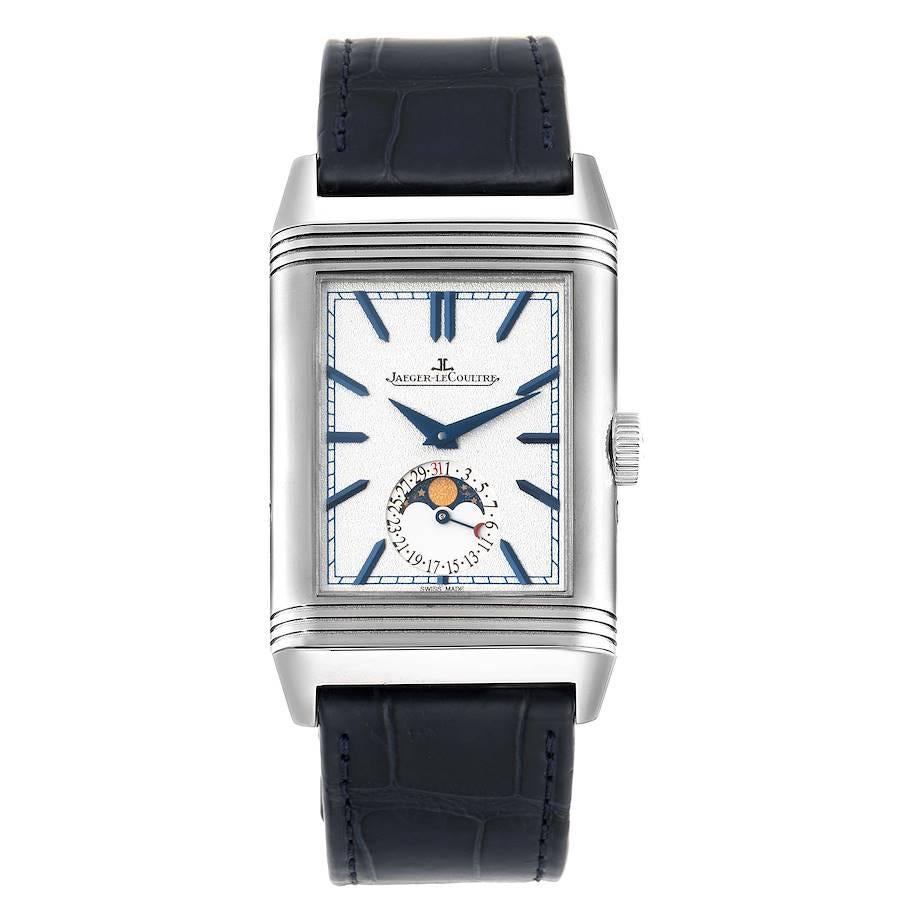 Jaeger LeCoultre Reverso Tribute Moon Watch 216.8.D3 Q3958420 Papers. Manual-winding movement. Rhodium plated with engine turned embellishment, 19 jewels, 223 components, a single barrel, blued screws, shock absorber system, straight-line lever