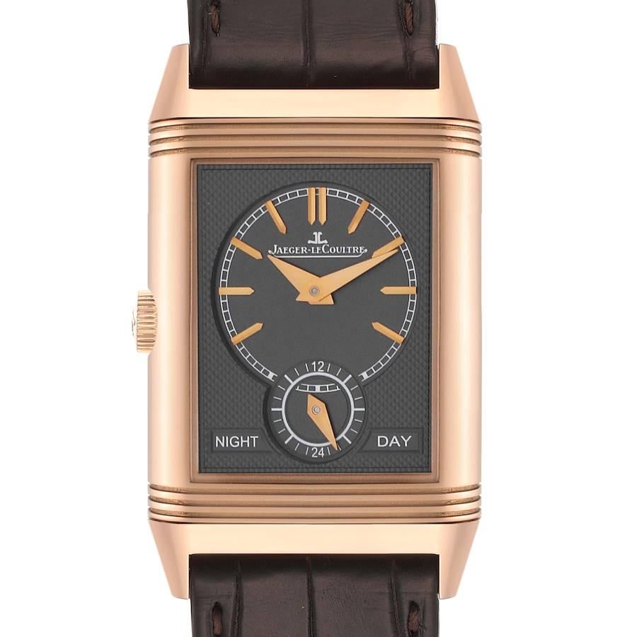 Jaeger LeCoultre Reverso Tribute Rose Gold Mens Watch Q3902420 213.2.D4 Box Card. Manual-winding movement. 18k rose gold rectangular rotating case, 49.7 mm x 29.9 mm. Case thickness: 9.2 mm. Case interior has an engraved sunray pattern. 18k rose