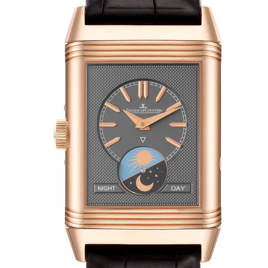 Jaeger LeCoultre Reverso Tribute Rose Gold Watch 216.2.D3 Q3912420 Box Papers. Manual-winding movement. Rhodium plated with engine turned embellishment, 19 jewels, 223 components, a single barrel, blued screws, shock absorber system, straight-line