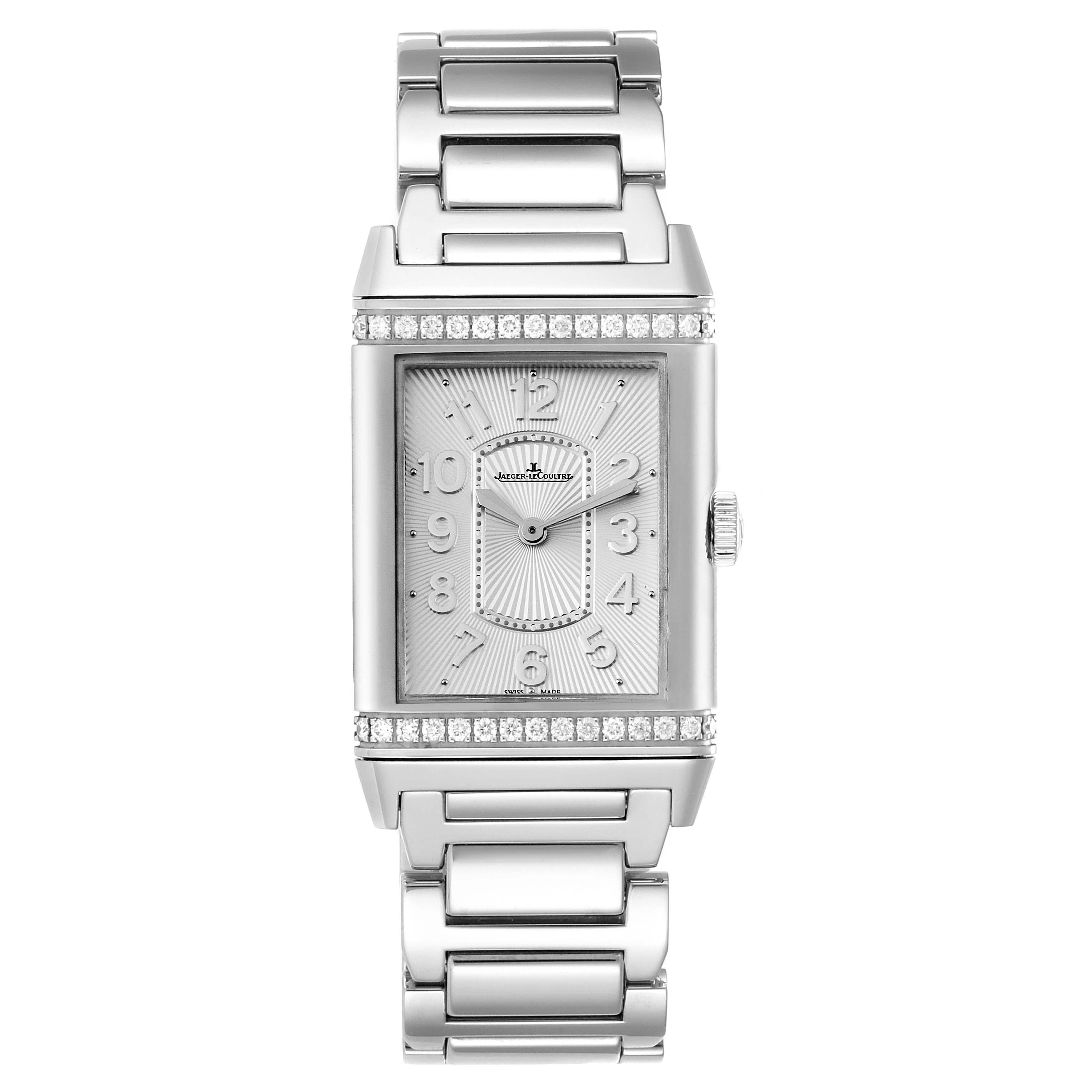 Jaeger LeCoultre Reverso Ultra Thin Diamond Ladies Watch 268.8.86 Q3208121. Manual winding movement. Stainless steel ultra thin 39.0 x 24.0 mm rectangular case with reeded ends, rotating within its back plate. Case thickness 7.2mm. Stainless steel