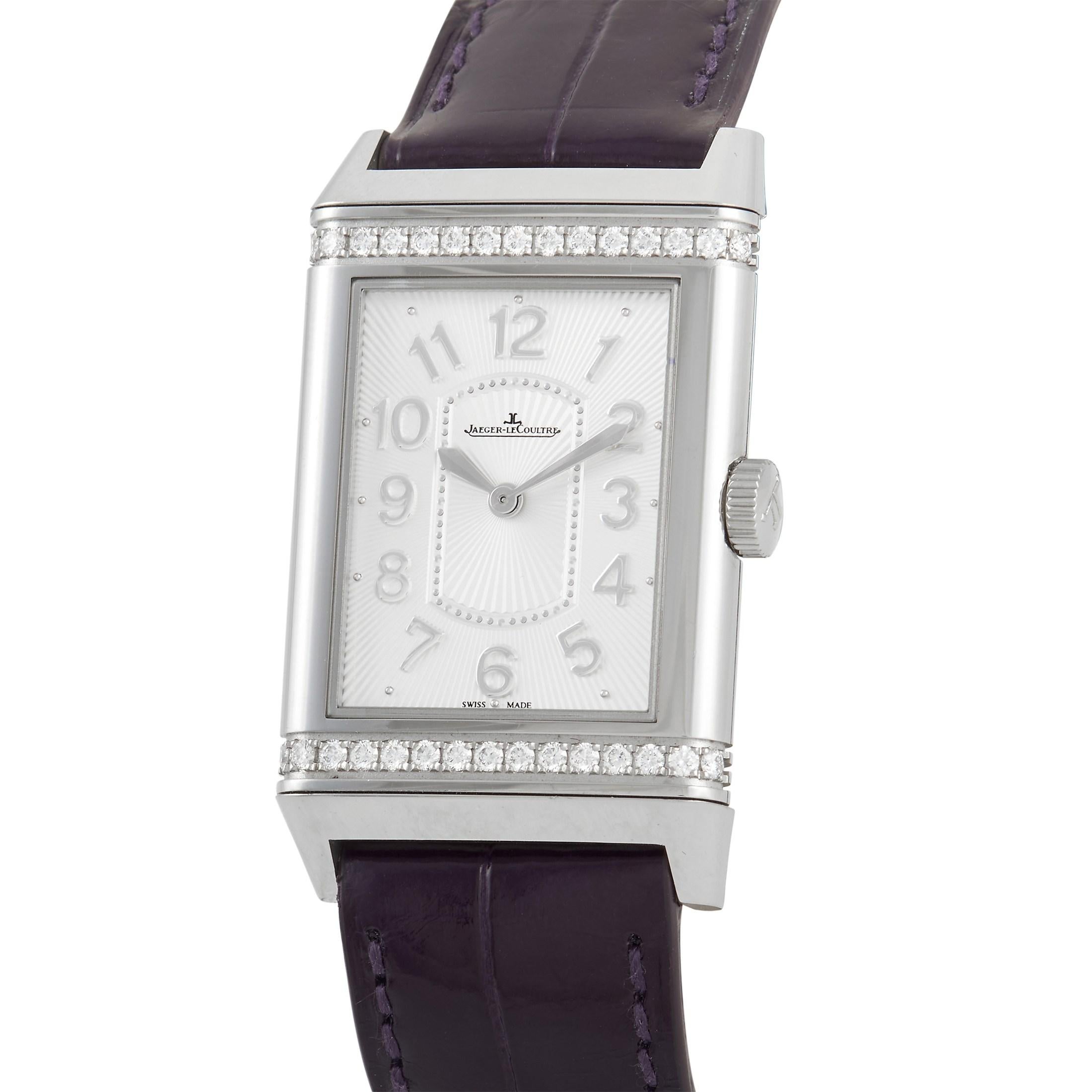 The Jaeger LeColtre Reverso Ultra Thin Diamond Watch, reference number 268.8.86, is an opulent piece that makes a subtle statement.

This watch’s striking rectangular 39mm case and bezel are crafted from shimmering stainless steel, which provides