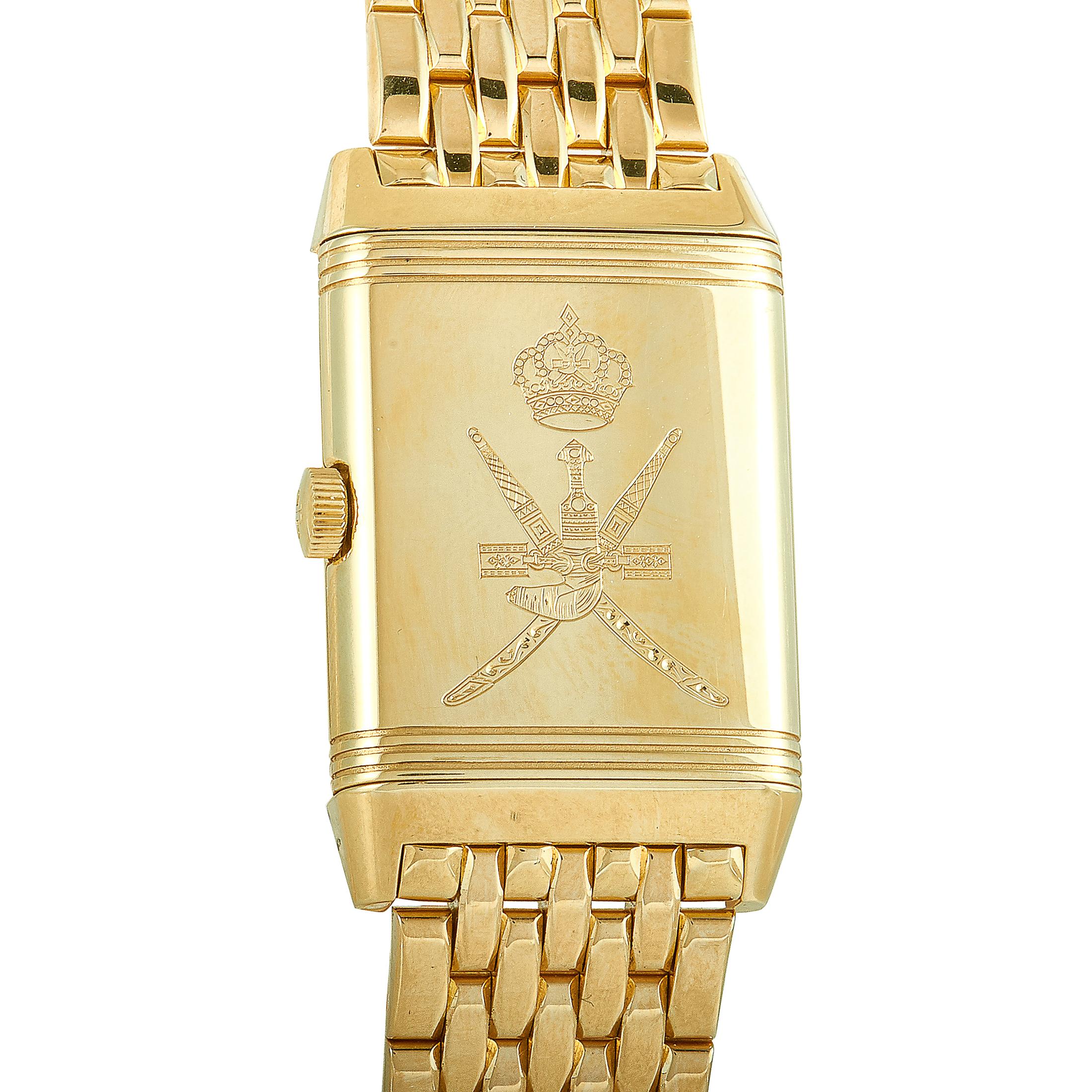 The Jaeger-LeCoultre Reverso, reference number 270162, boasts an 18K yellow gold case presented on a matching 18K yellow gold bracelet. The watch was made for the sultan of Oman and is powered by a hand-wound movement and features the following