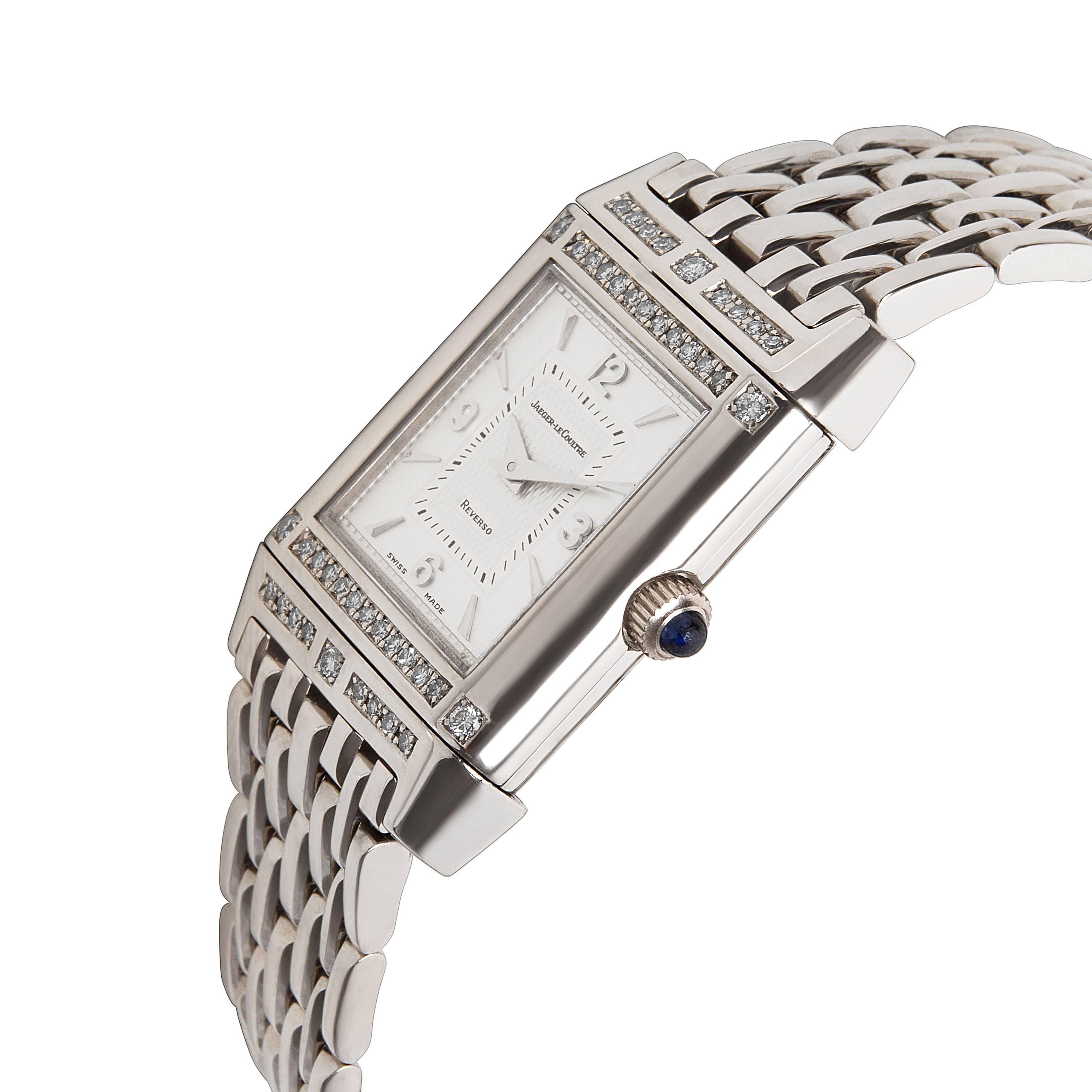 
Jaeger LeCoultre Reverso Women's Watch in 18K White Gold

PRIMARY DETAILS
Brand:  Jaeger-LeCoultre
Model: Reverso
Serial Number: ***
Country of Origin: Switzerland
Movement Type: Mechanical: Hand-winding
Year of Manufacture: 1990-1999
Condition: In