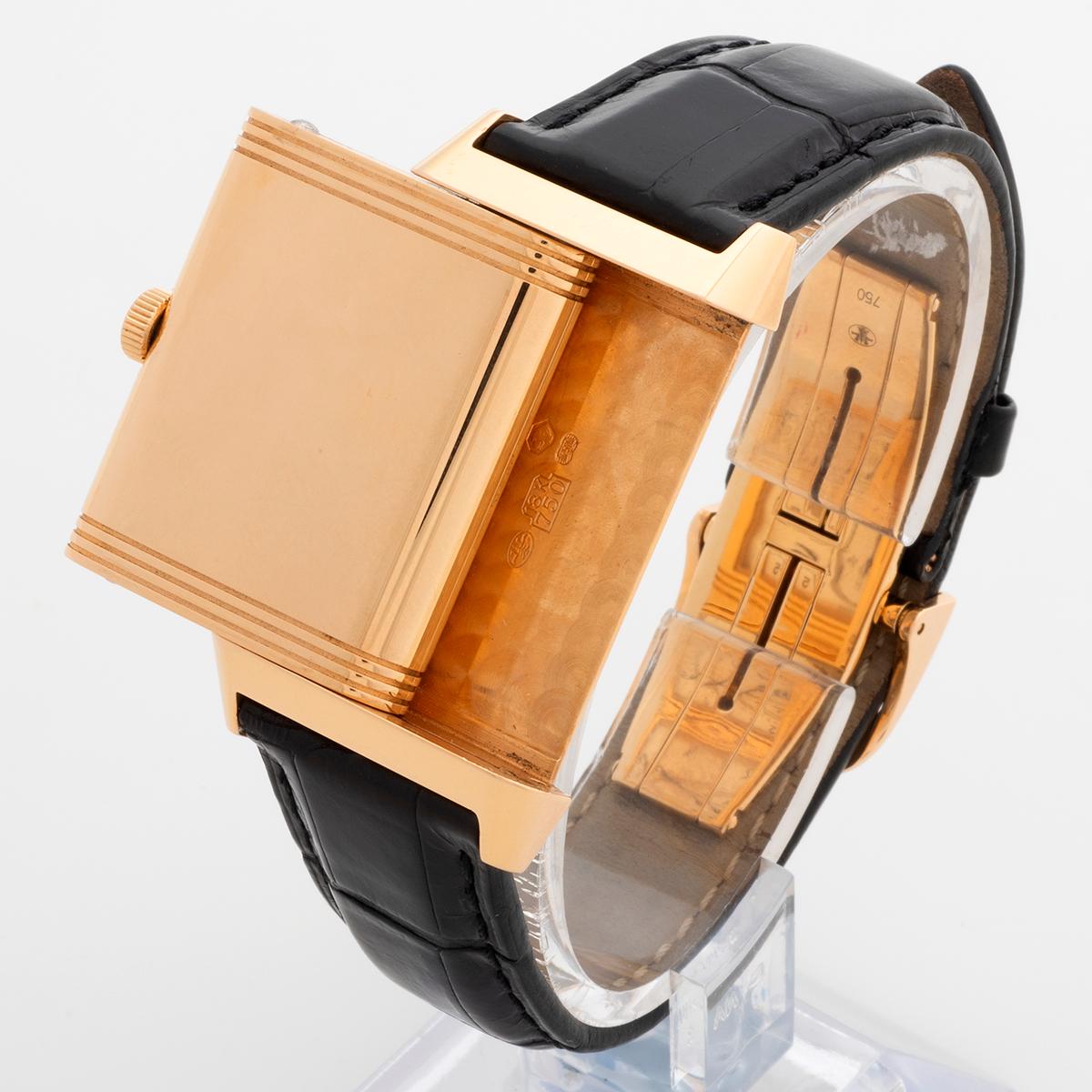 Our stunning manually wound Jaeger-LeCoultre Reverso, reference 270.2.36 is the Grande Taille (large size) and features day and date functions. The case is 18k rose gold, 26mm x 42mm (ex crown x lug to lug) and is fitted to its original leather