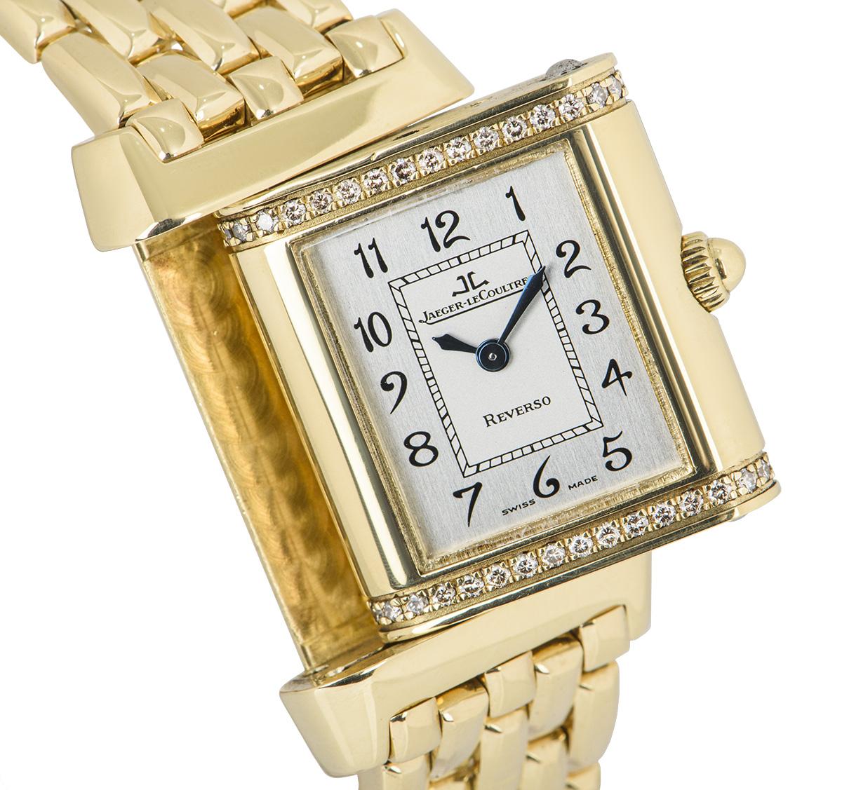 Jaeger LeCoultre Reverso Yellow Gold Diamond Set B&P 265.1.08 In Excellent Condition In London, GB