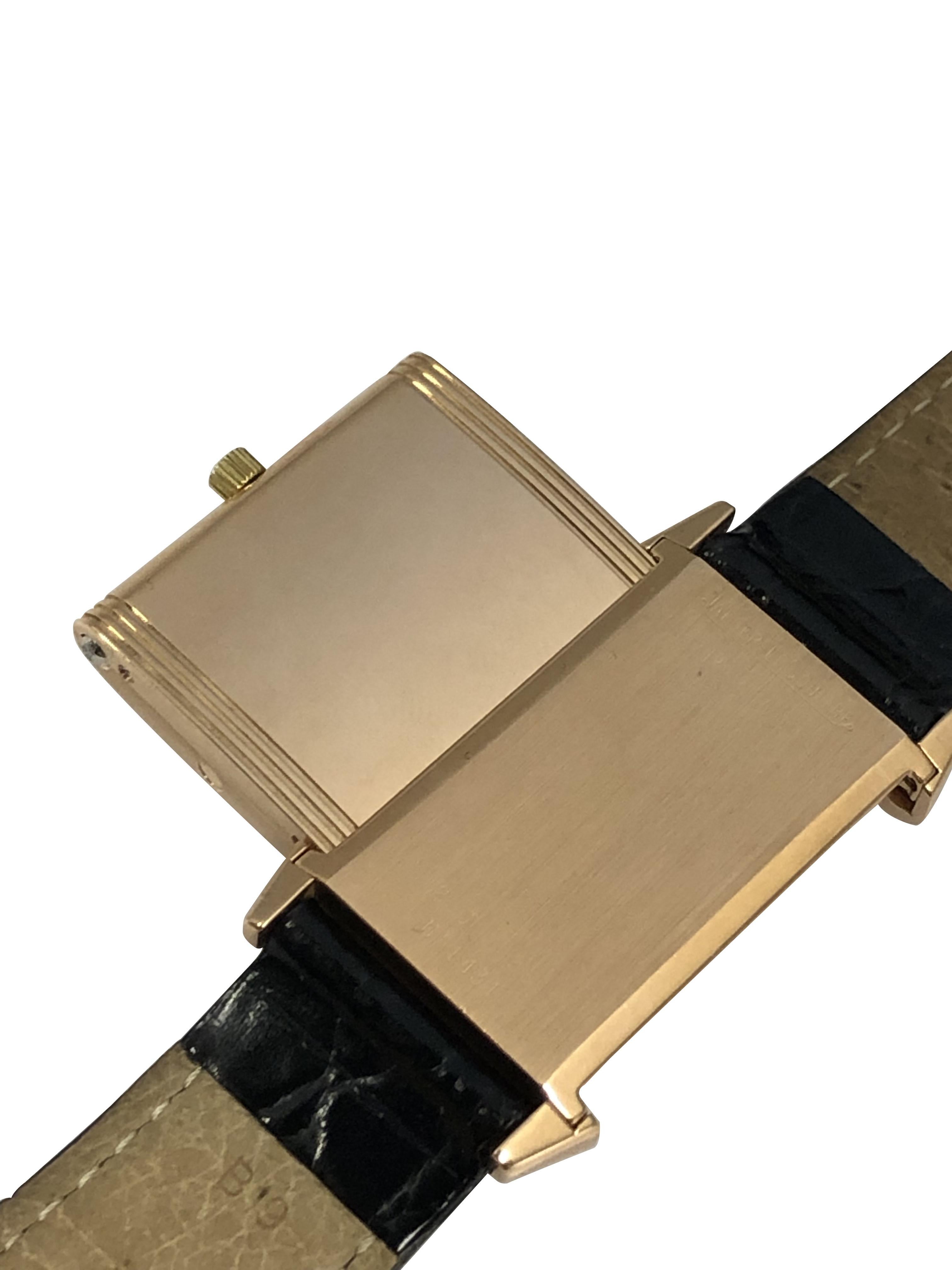 Circa 2000 Jaeger LeCoultre Reverso Reference 250.2.86 Wrist Watch, 39 x 23 M.M. 18k Rose Gold case, Quartz movement, Black dial with raised Gold markers, newer Hirsch Black Crocodile Strap with original Rose Gold Tang buckle. Wrist size 8 1/4
