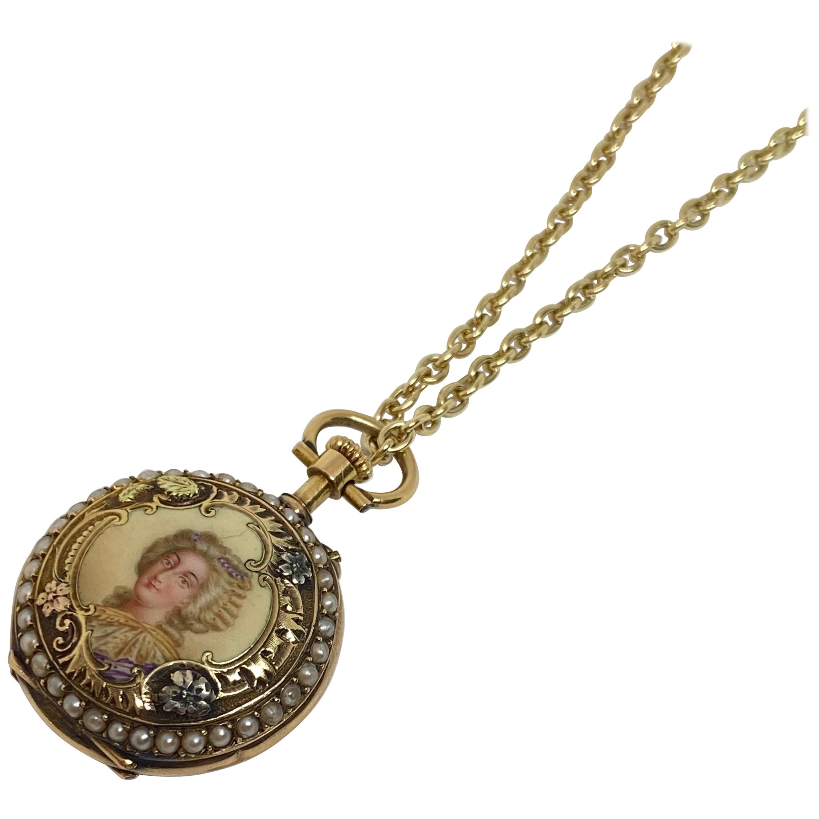 Jaeger LeCoultre Montre pendentif portrait en or 18 carats avec perles de rocaille et émail