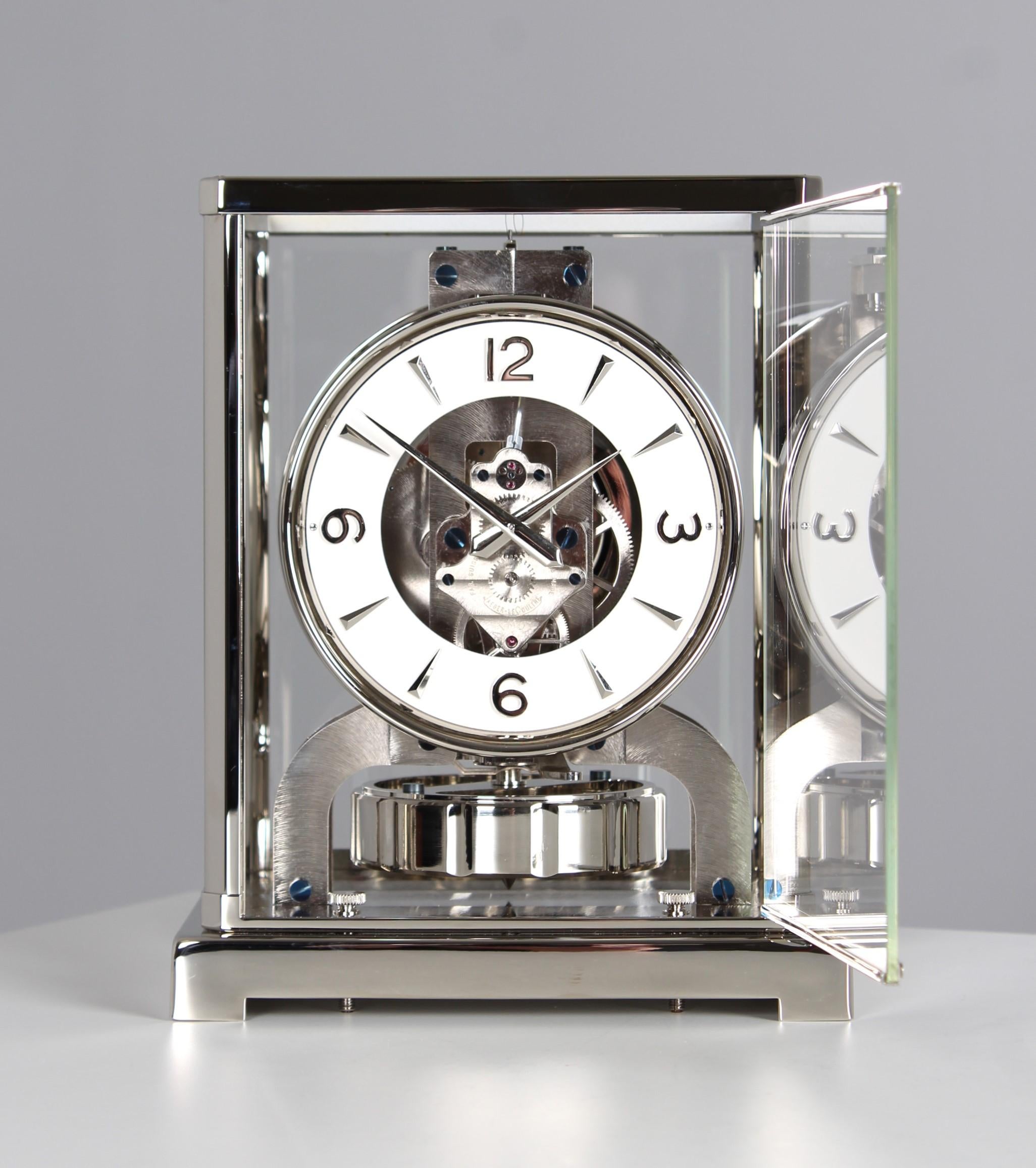 Mid-Century Modern Jaeger LeCoultre, Silver Atmos Clock from 1955, Revised and New Nickel-Plated