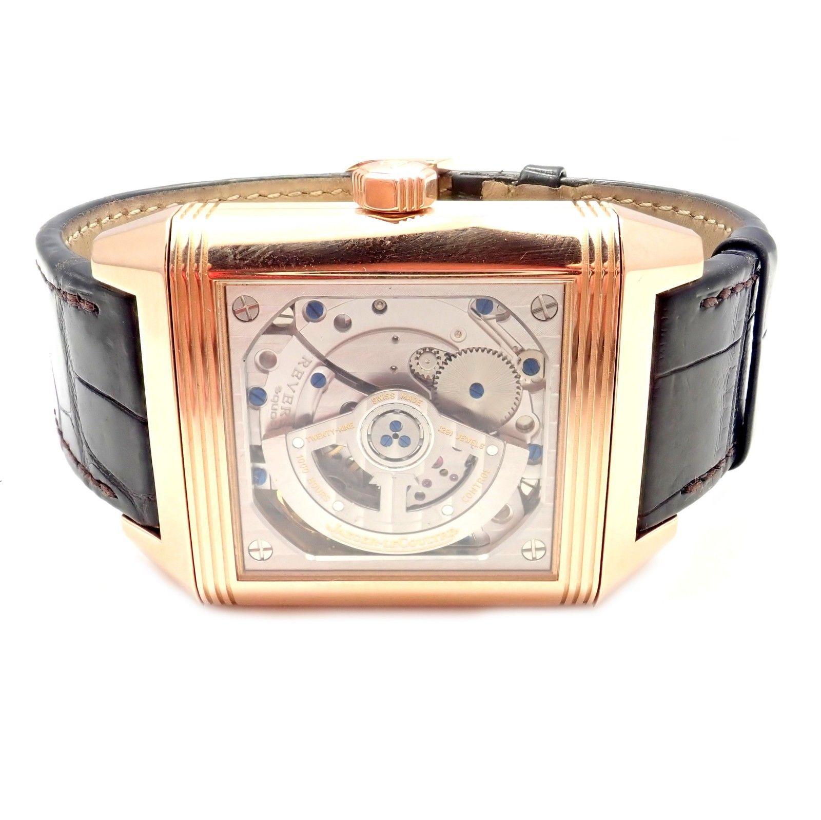 Jaeger-LeCoultre mens 18k yellow gold Squadra Reverso Hometime wristwatch, Ref. 230.2.77.
Details: 
Brand Name:	Jaeger LeCoultre  
Series:	Squadra Reverso
Case Material: 18k Rose Gold
Case is Reversible
Dial Color:	White
Length: 8