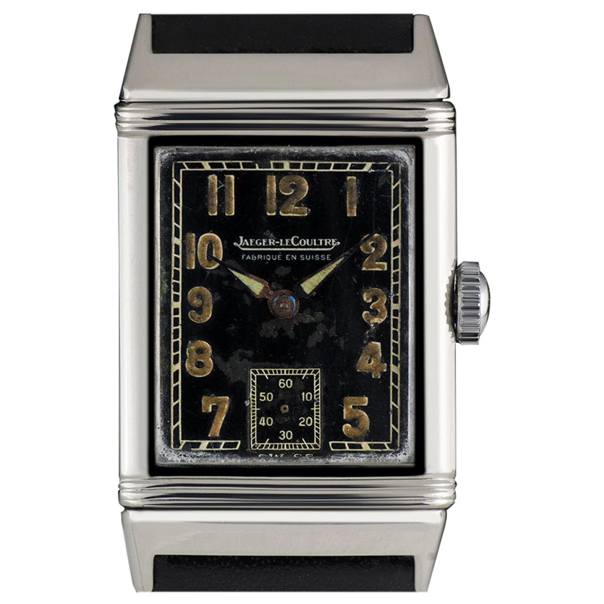 Jaeger LeCoultre Stainless Steel Black Arabic Dial Reverso Vintage Watch