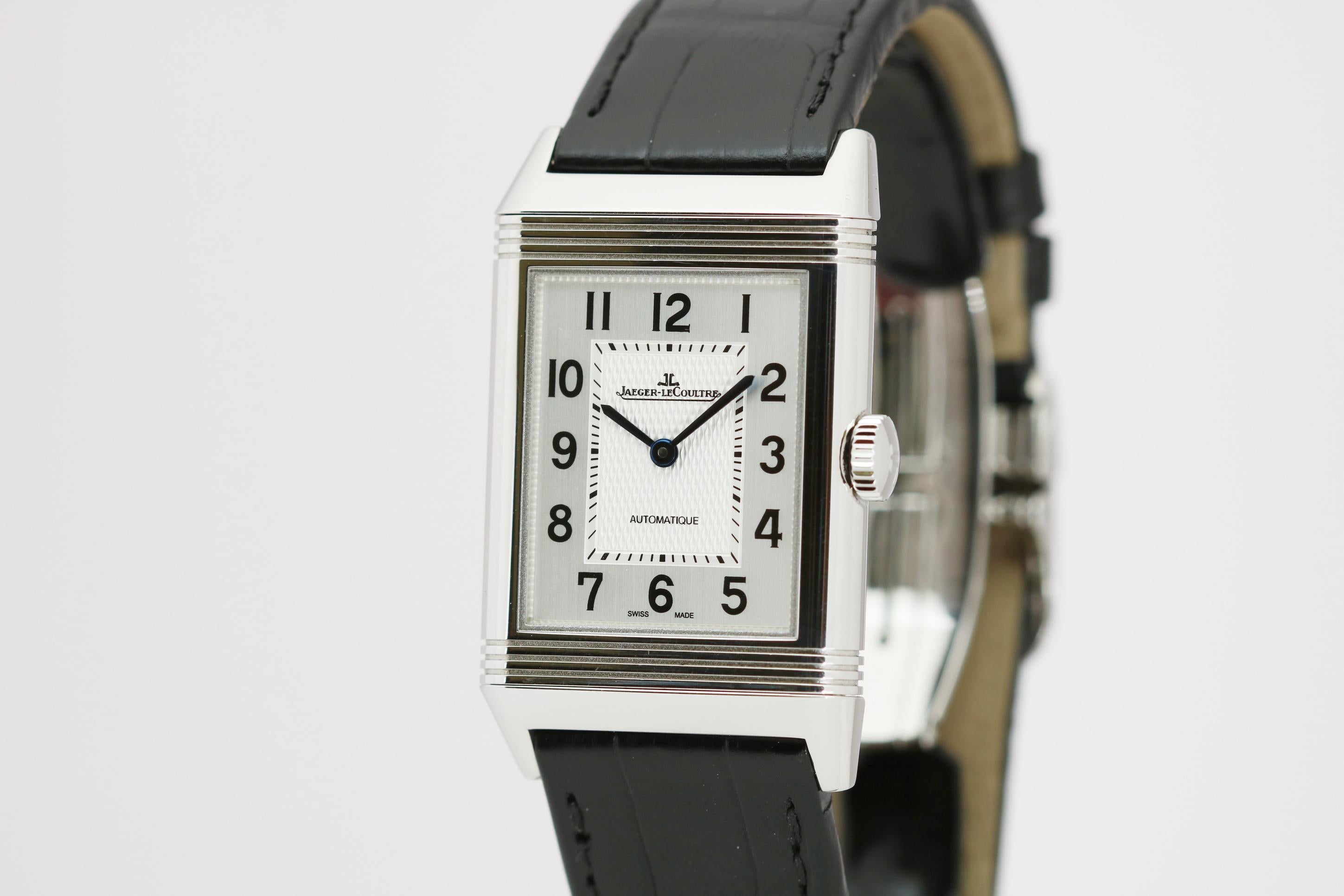 Jaeger LeCoultre Stainless Steel Classic Reverso Automatic reference Q2538420 with a black alligtor strap on a JleC double deployant clasp. Original retail was about $8,000 No box or papers.