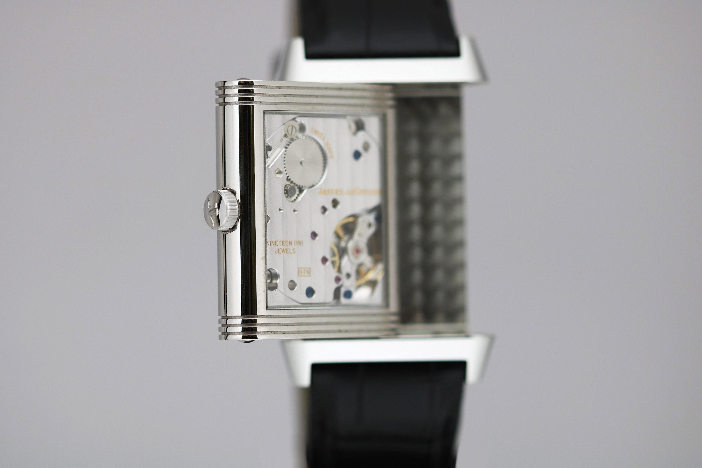 Jaeger Le-Coultre (Jaeger-LeCoultre) Grand Reverso 976  over-sized rectangle case with exhibition back on reverse side with a black strap and deployant clasp. Comes with box and papers.
