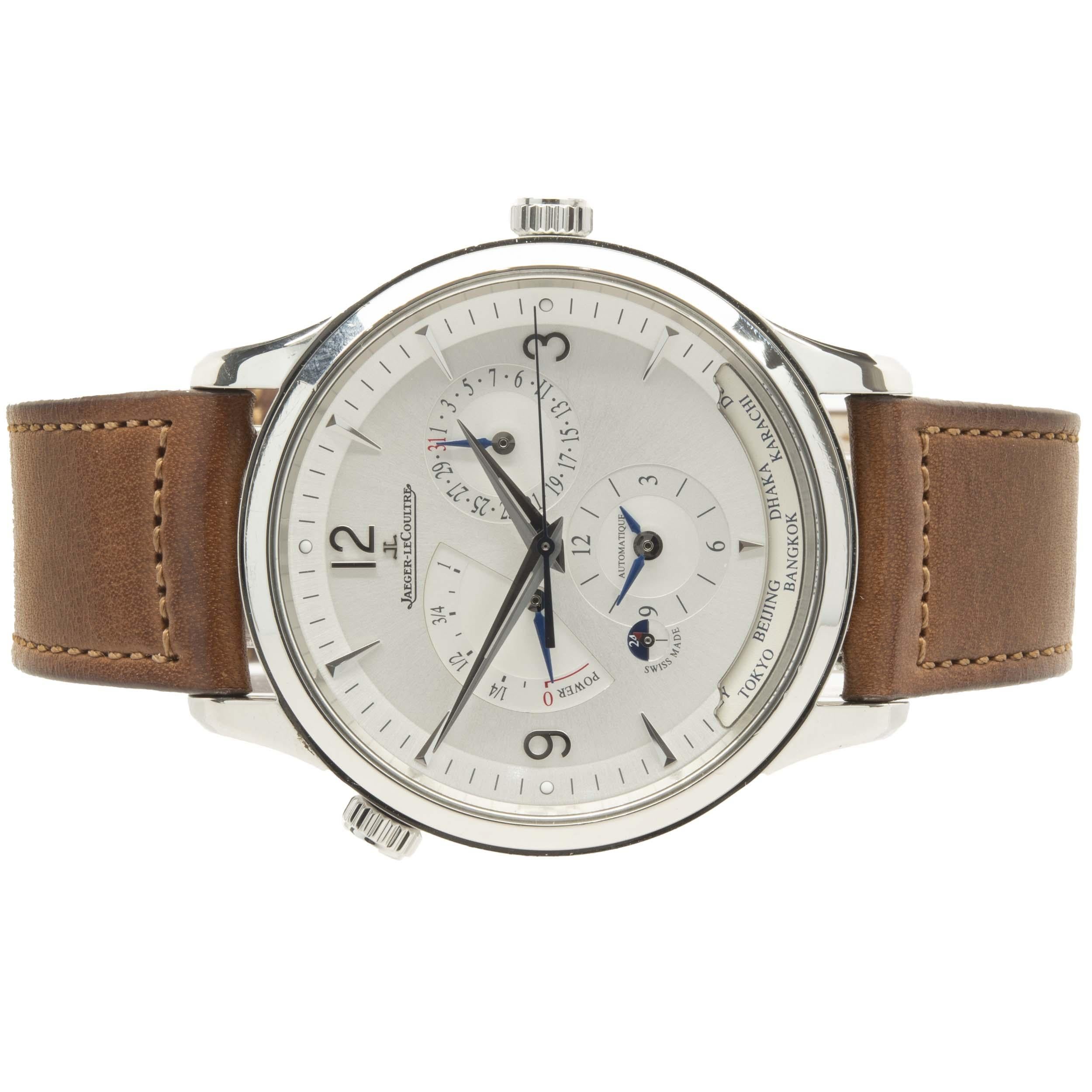 Movement: automatic
Function: hours, minutes, seconds, date, chronograph, world time
Case: 40mm stainless steel round case
Dial: white arabic/round stick chronograph dial
Band: brown leather strap, integrated clasp
Reference #: 830.8.A9.S
Serial #: