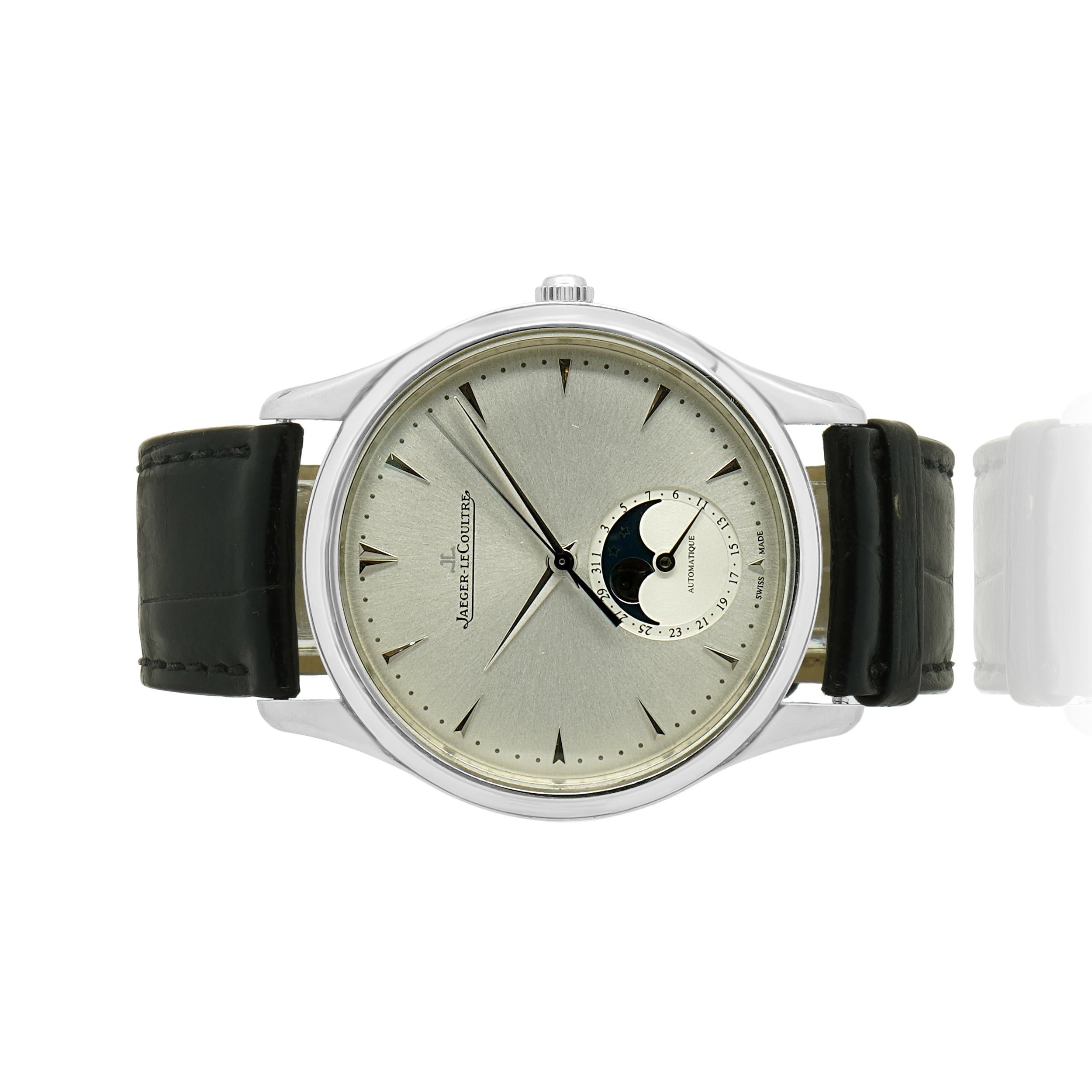 Movement: automatic
Function: hours, minutes, seconds, moonphase
Case: 39mm stainless steel round case, smooth bezel
Dial: silver stick 
Band: black leather strap, deployment clasp
Reference #: Q1368420
Serial #: 3099XXX
  
Complete with box and