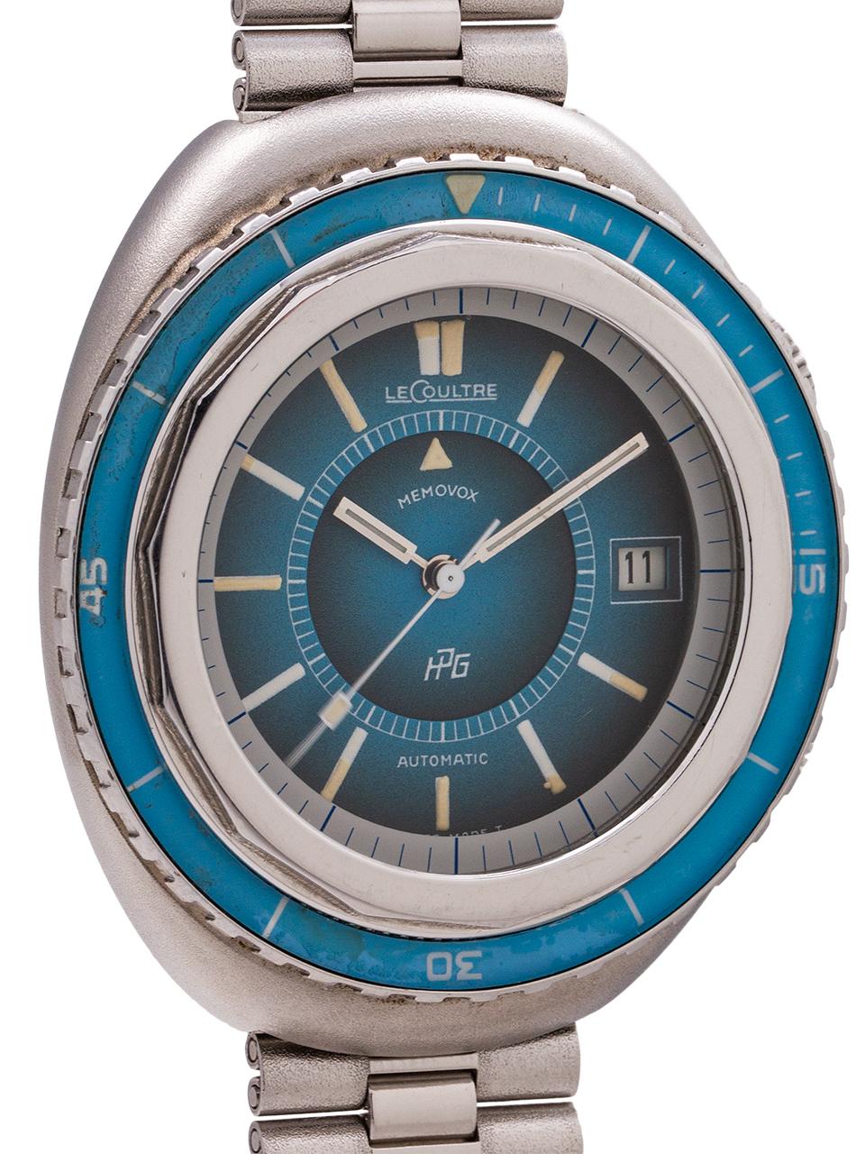 Scarce Jaeger Lecoultre stainless steel Polaris II circa 1970s. This is a large (43mm x 50mm) and scarce diver’s model, with brilliant turquoise blue dial with contrasting antique luminous indexes and hands and matching turquoise blue bakelite