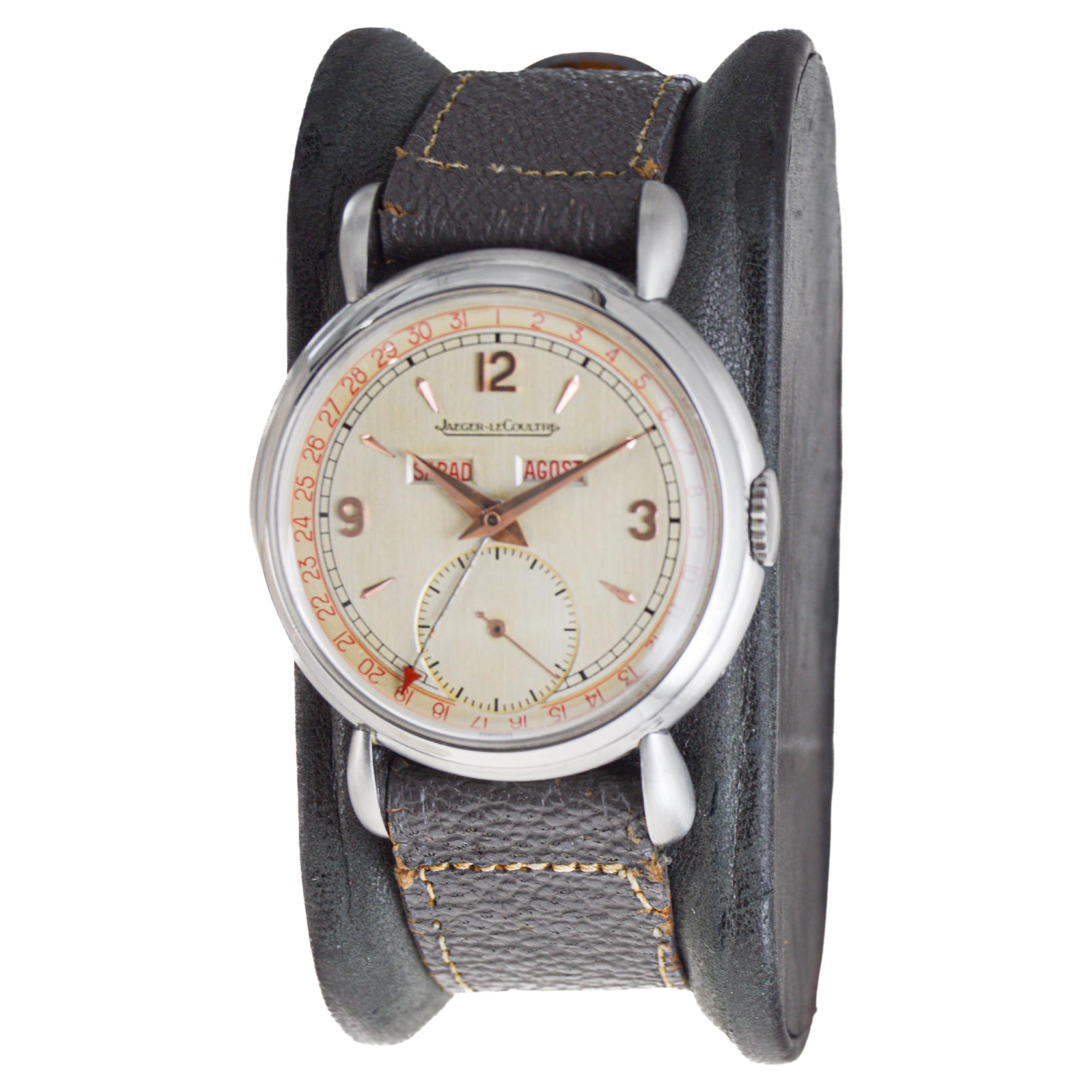 Jaeger-LeCoultre in acciaio inossidabile con tripla data, quadrante originale e scatola anni '40 in vendita 5