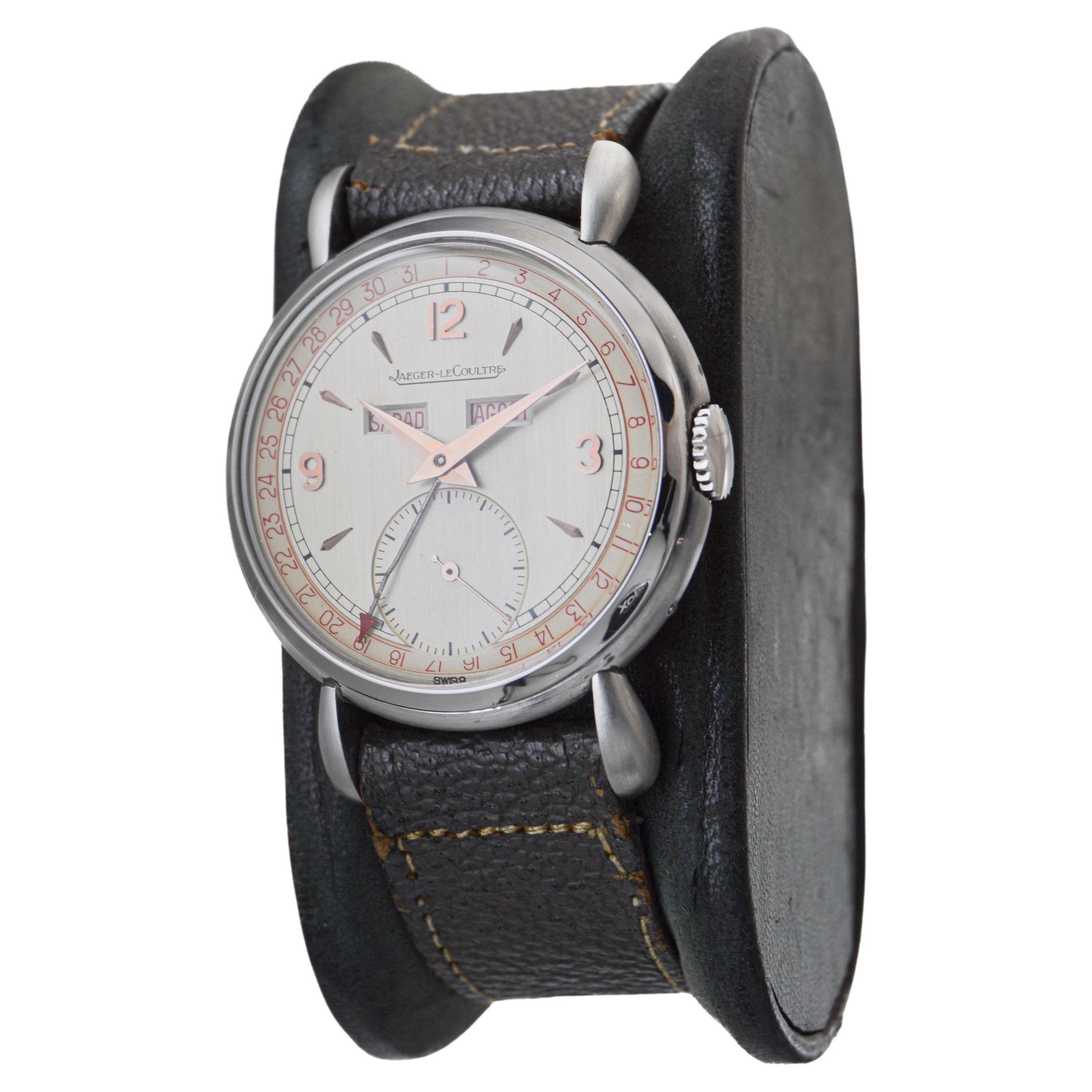 Jaeger-LeCoultre in acciaio inossidabile con tripla data, quadrante originale e scatola anni '40 in vendita 6