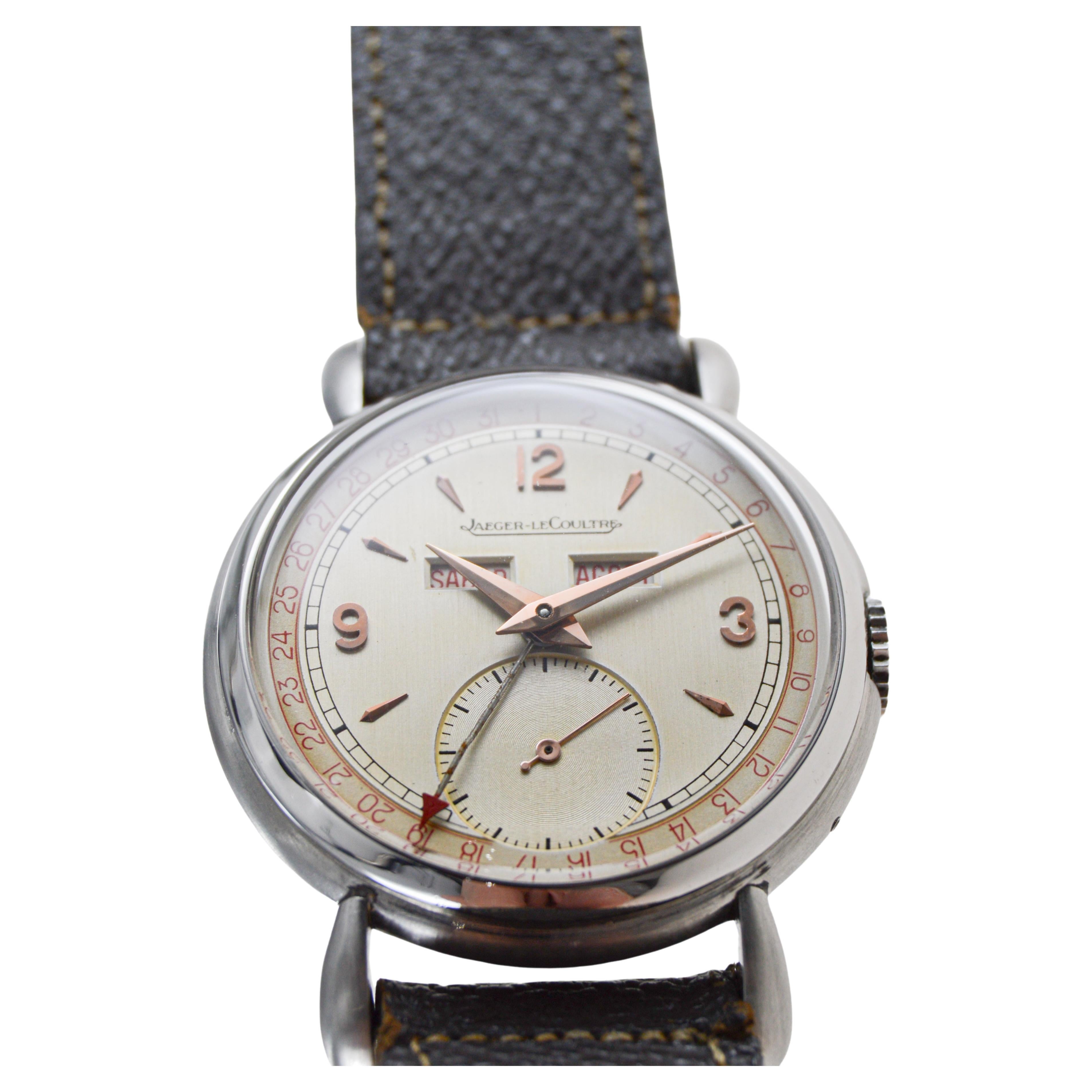 Jaeger-LeCoultre in acciaio inossidabile con tripla data, quadrante originale e scatola anni '40 in vendita 7