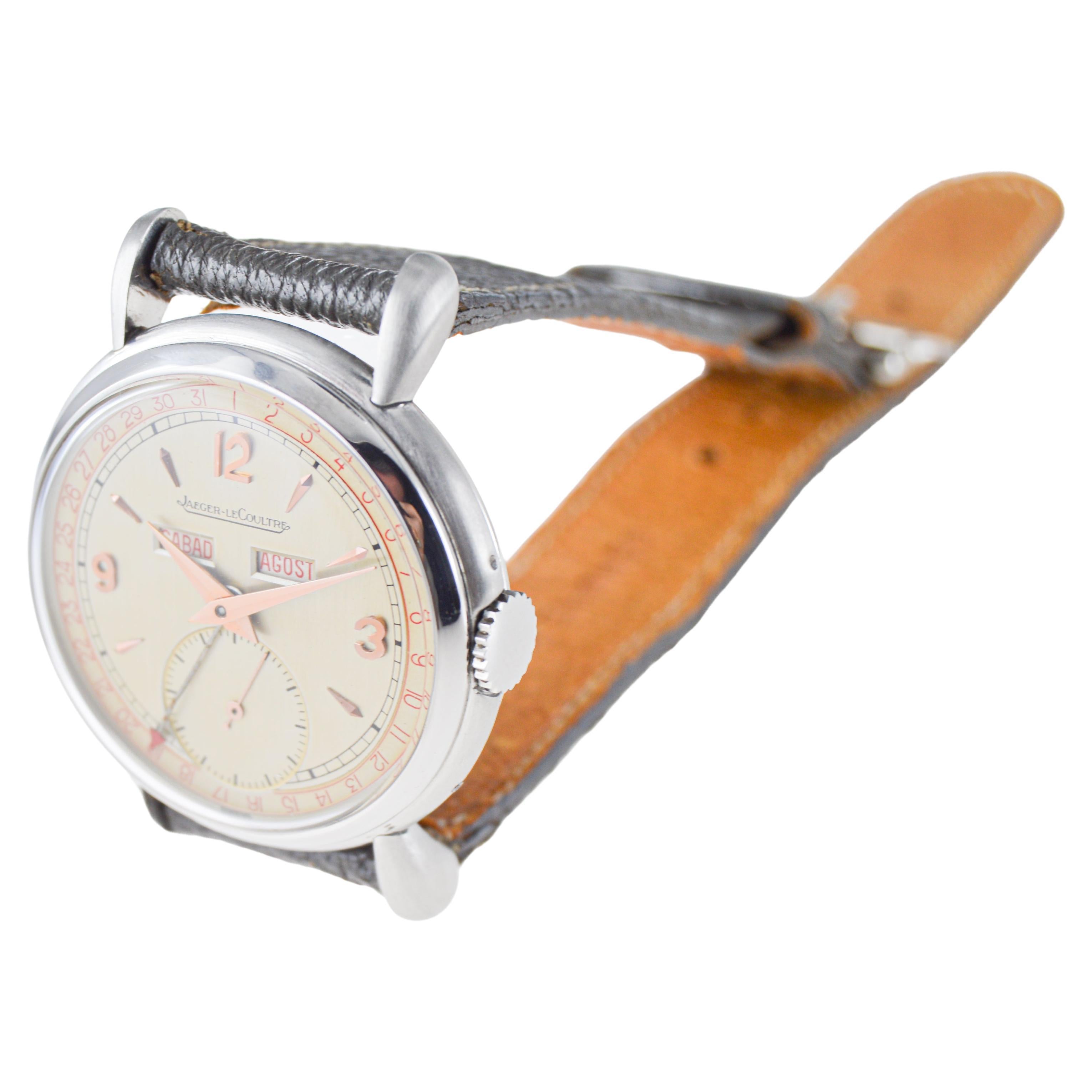 Jaeger-LeCoultre in acciaio inossidabile con tripla data, quadrante originale e scatola anni '40 in vendita 9