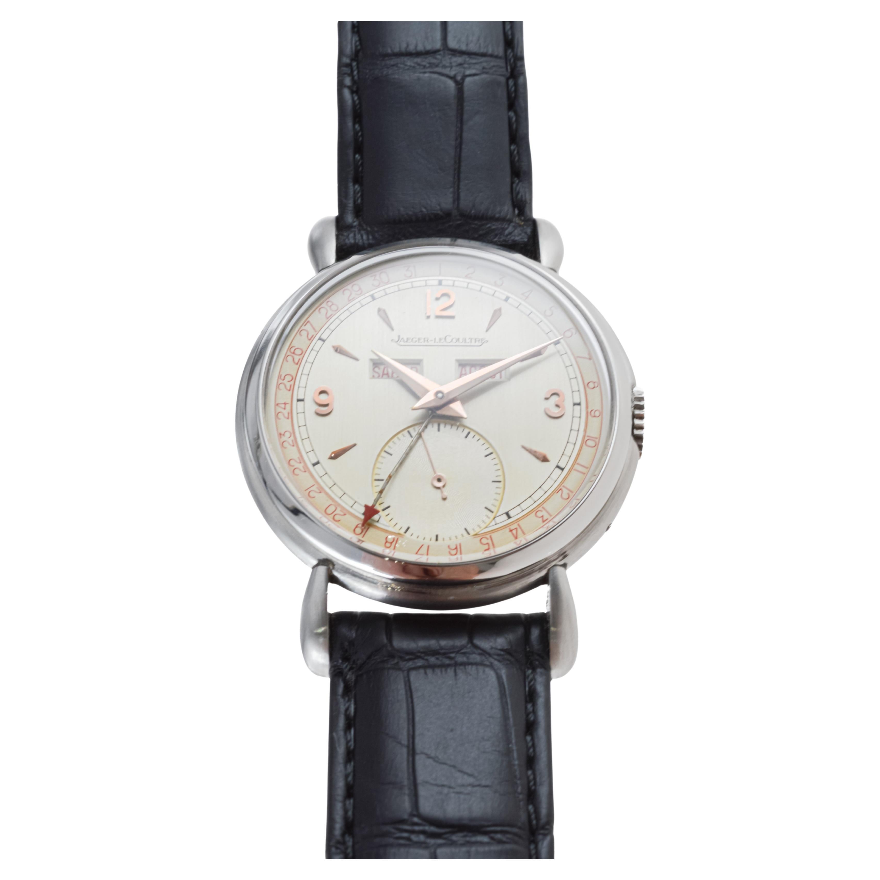 Jaeger-LeCoultre in acciaio inossidabile con tripla data, quadrante originale e scatola anni '40 in vendita 1