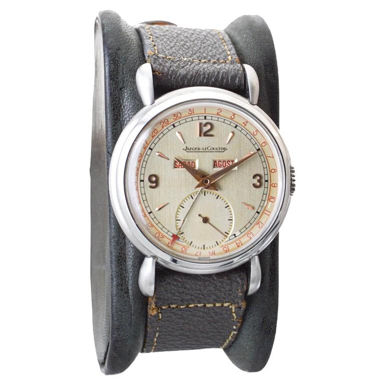 Jaeger-LeCoultre in acciaio inossidabile con tripla data, quadrante originale e scatola anni '40 in vendita 4