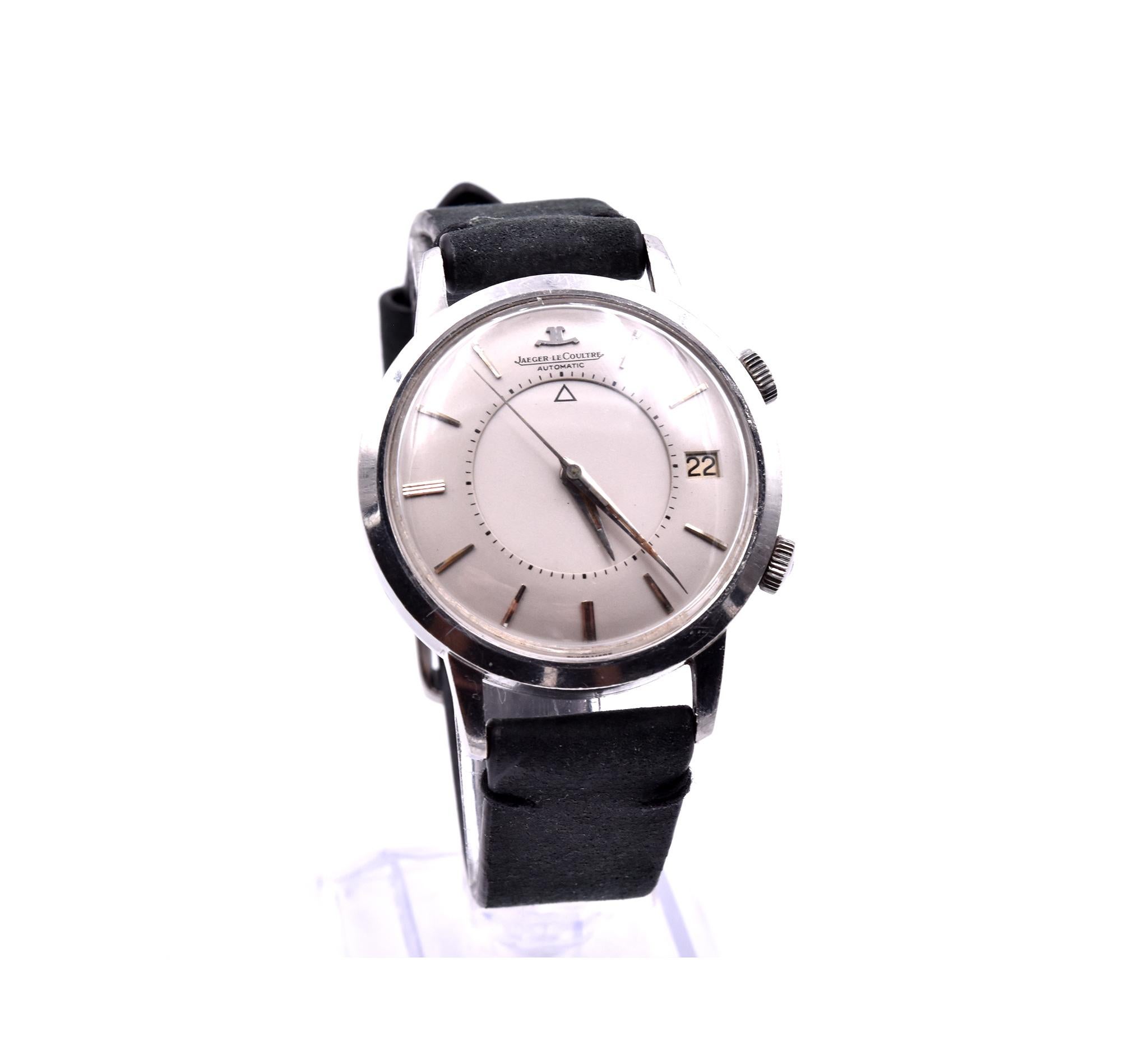 Movement: automatic
Function: hours, minutes, seconds, date, alarm
Case: 36mm stainless case, plastic protective crystal, pull/push crown
Dial: silver dial with silver hands and hour markers
Bracelet: black nubuck genuine leather strap with steel
